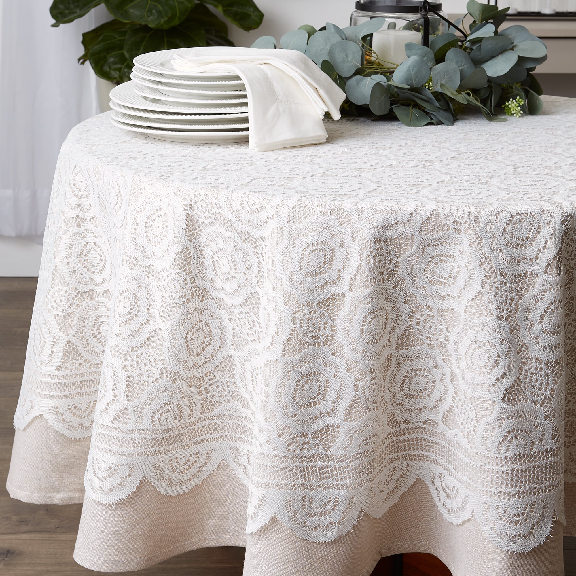 Cream Vintage Polyester Lace Tablecloth 63 Round