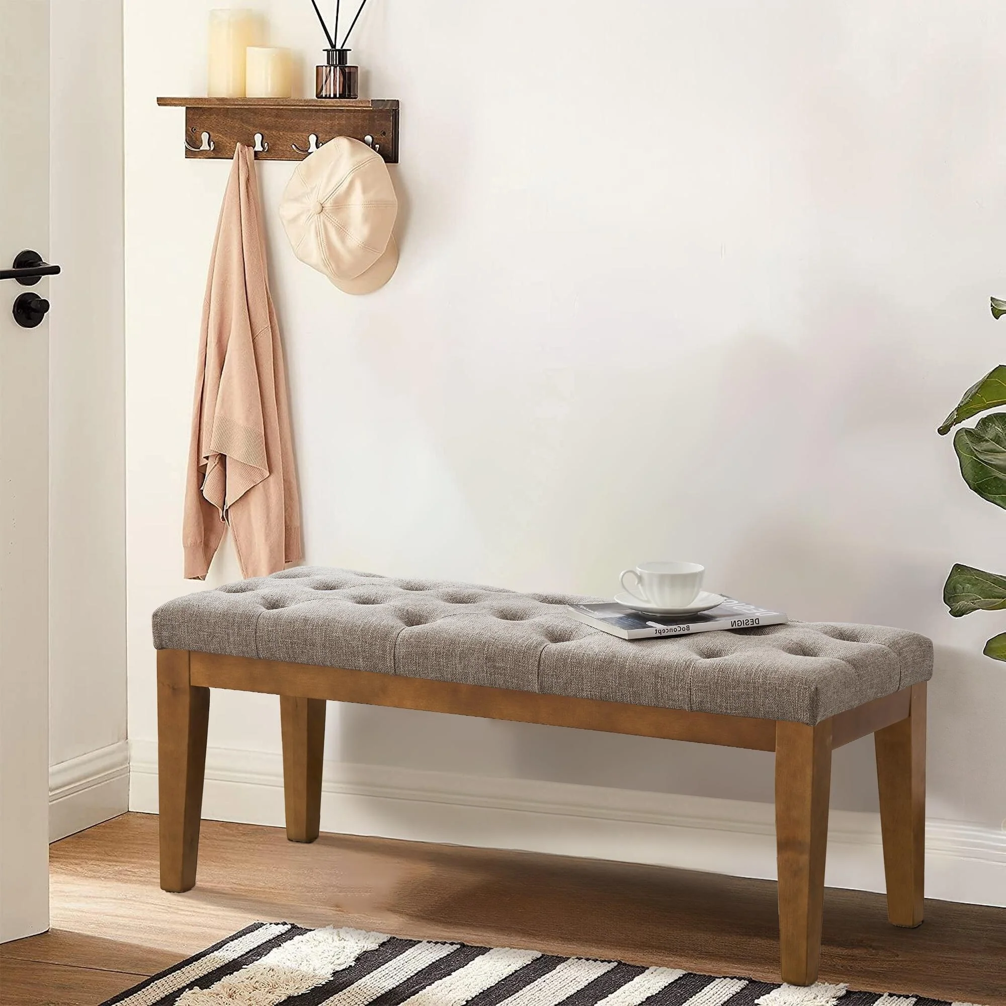 Button-Tufted Bench for End of Bed, Entryway Bench Beige/ Black/ Brown Solid Wood, Leather, Fabric 44-inch