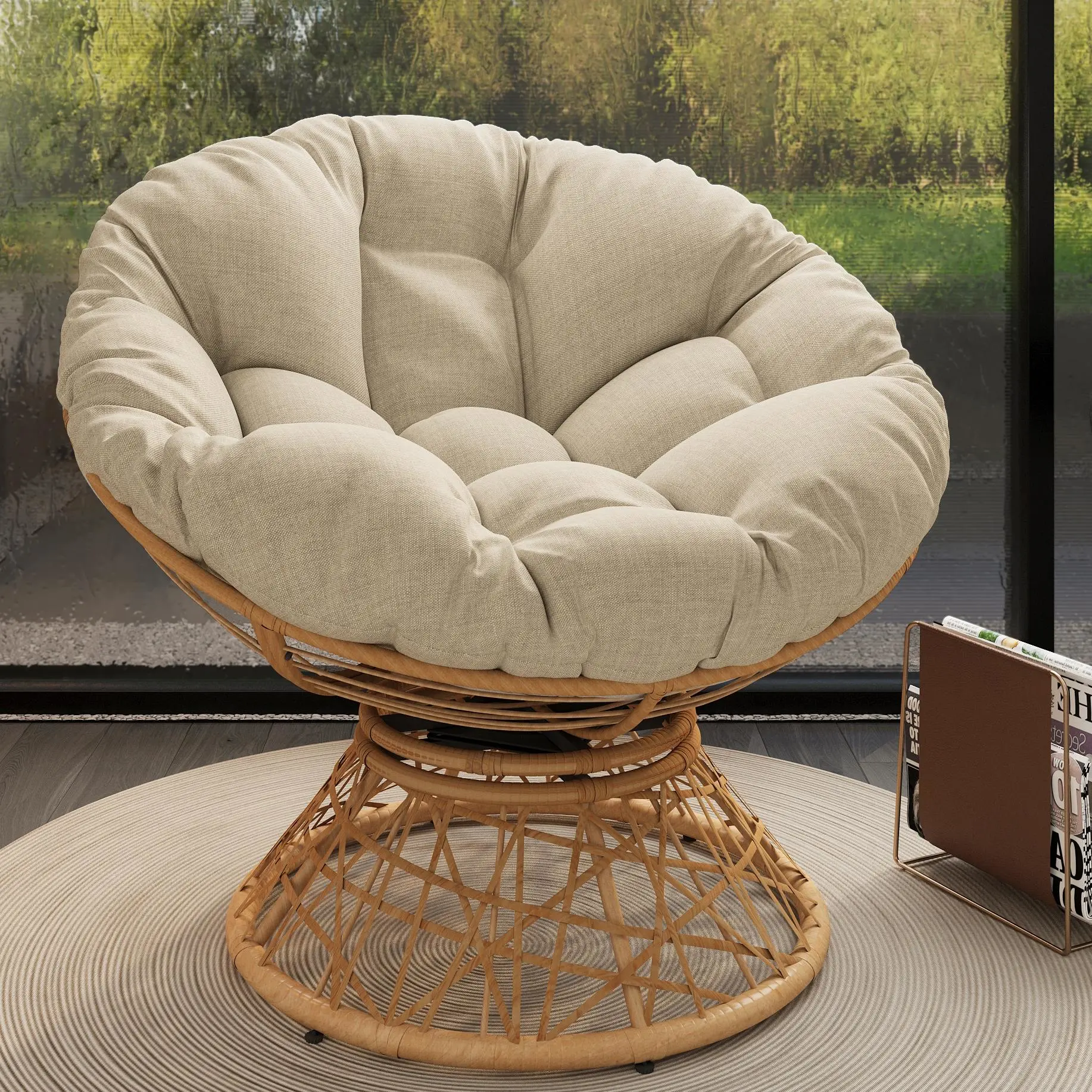 Papasan Wicker Chair with Fabric Cushion and 360 Degree Swivel