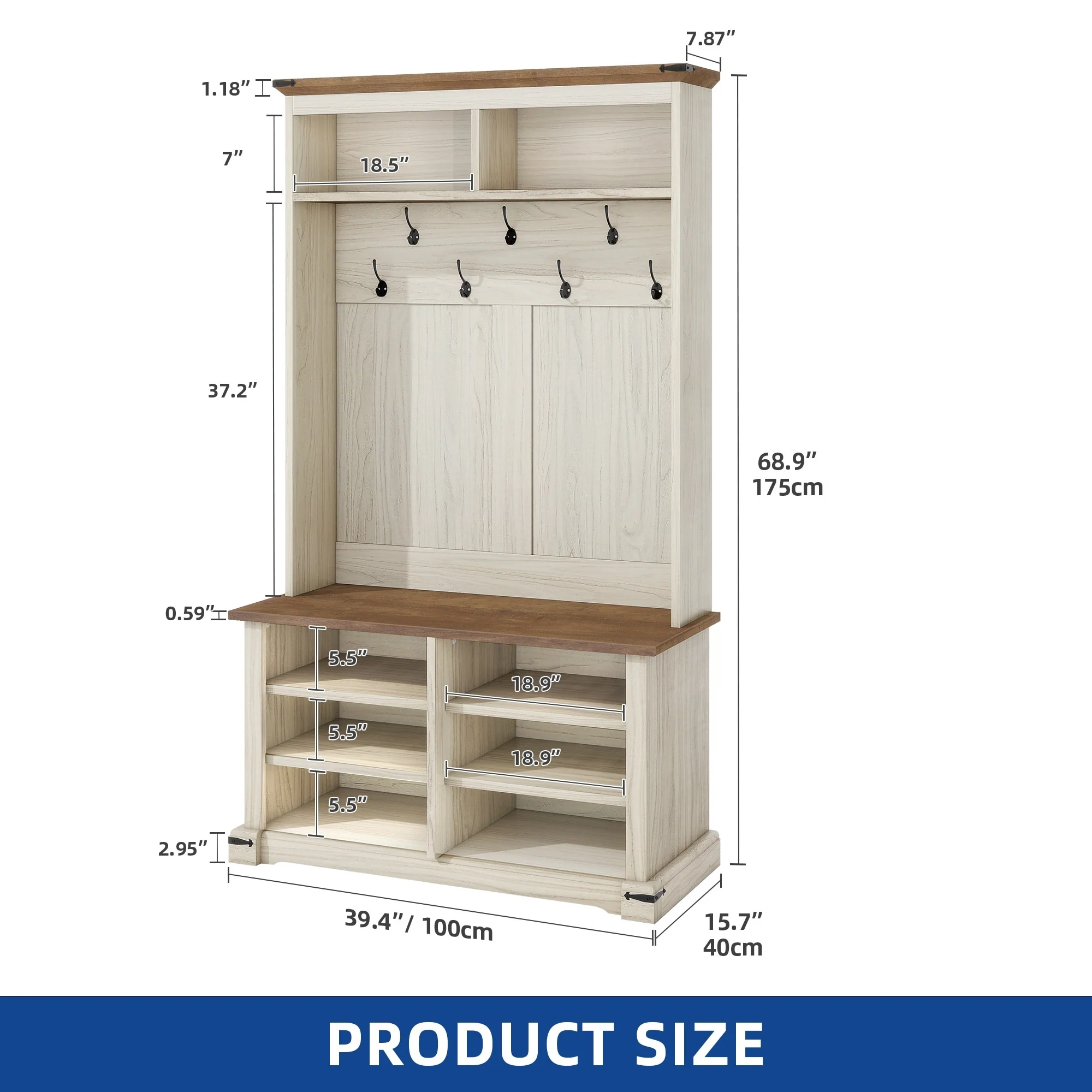 Moasis Farmhouse Hall Tree with Bench and Shoe Storage with 10 Hooks for Entryway