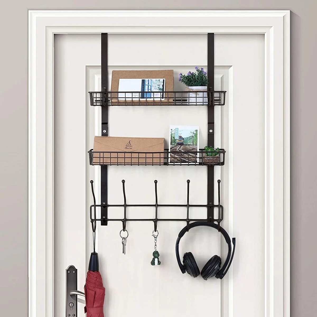 Over The Door Hanger with 2 Mesh Baskets 5 Hooks