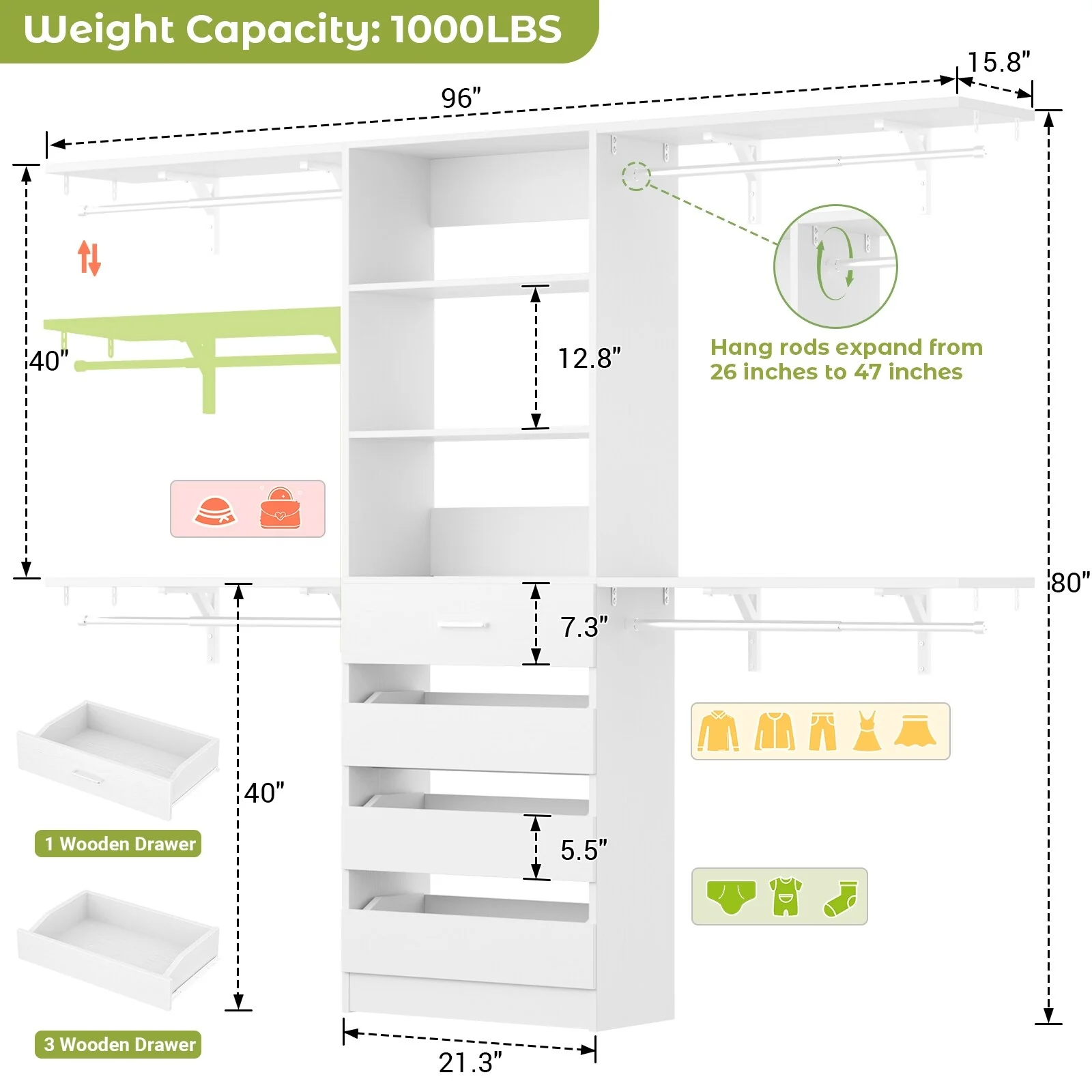 Rackcog 96'' Closet System with 4 Drawers and 4 Hanging Rods, 8FT Wood Closet Organizer for Walk-in Closet