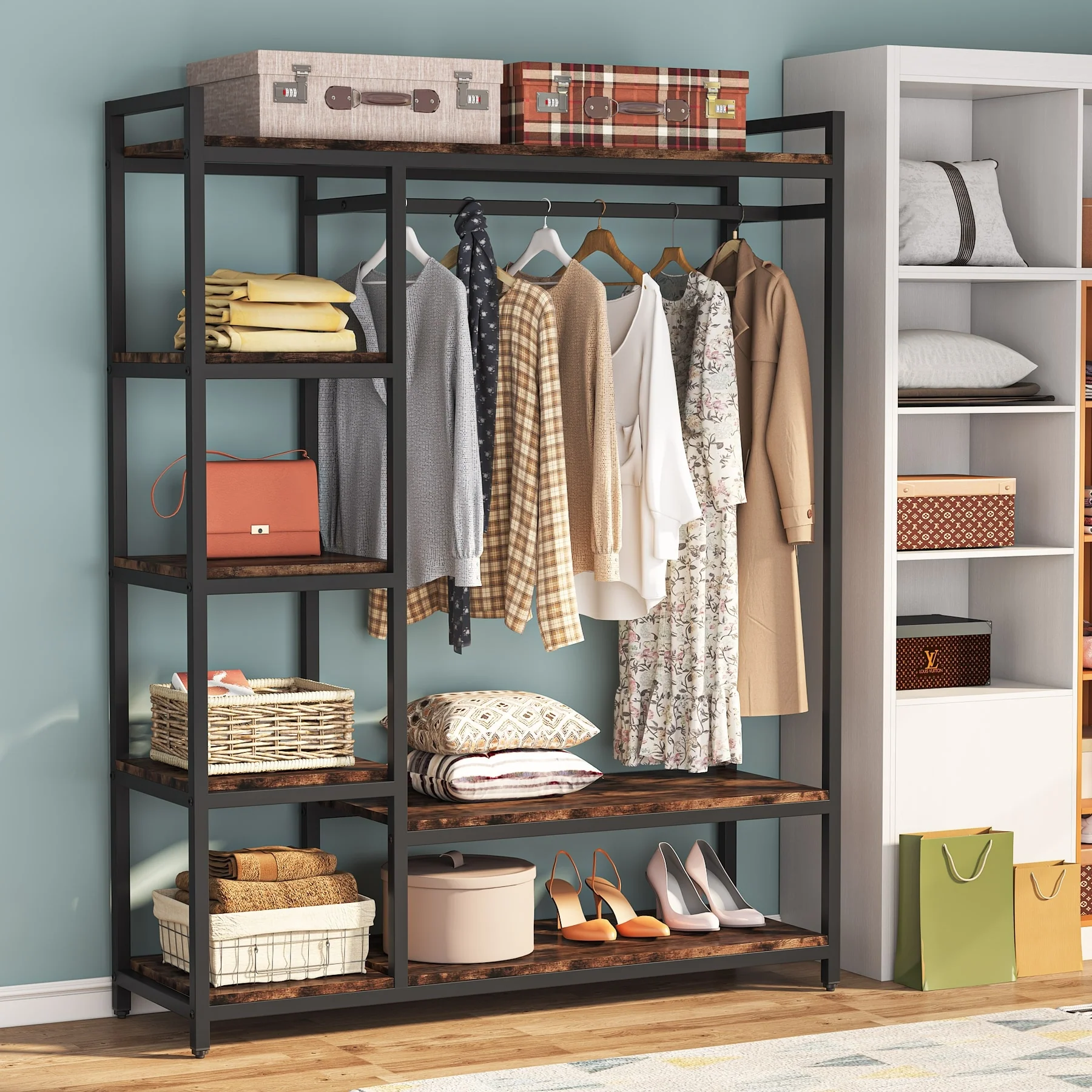 79 inche tall Freestanding Clothes Closet, Garment Rack with Shelves and Hanging rod clothing closet