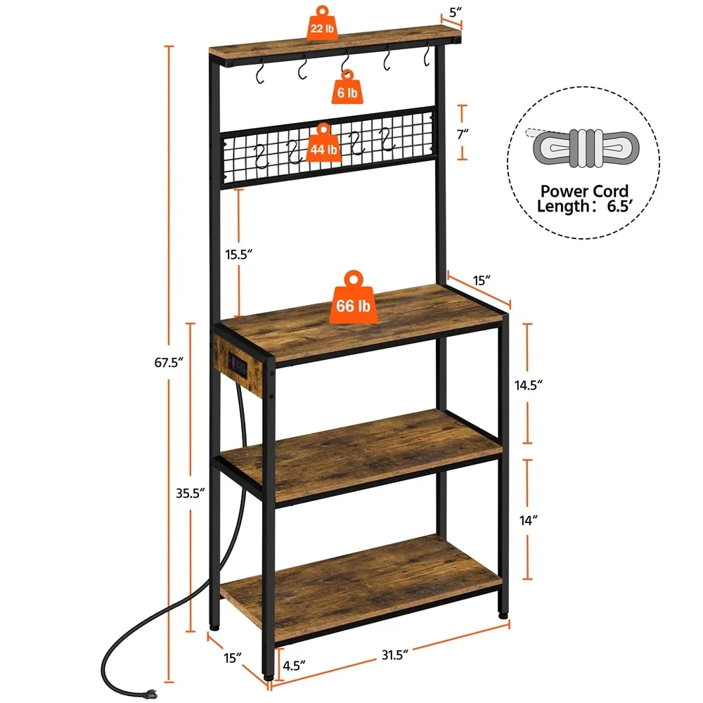 Yaheetech Kitchen Baker's Rack with Outlet Rustic Utility Storage Shelf Unit, Rustic Brown