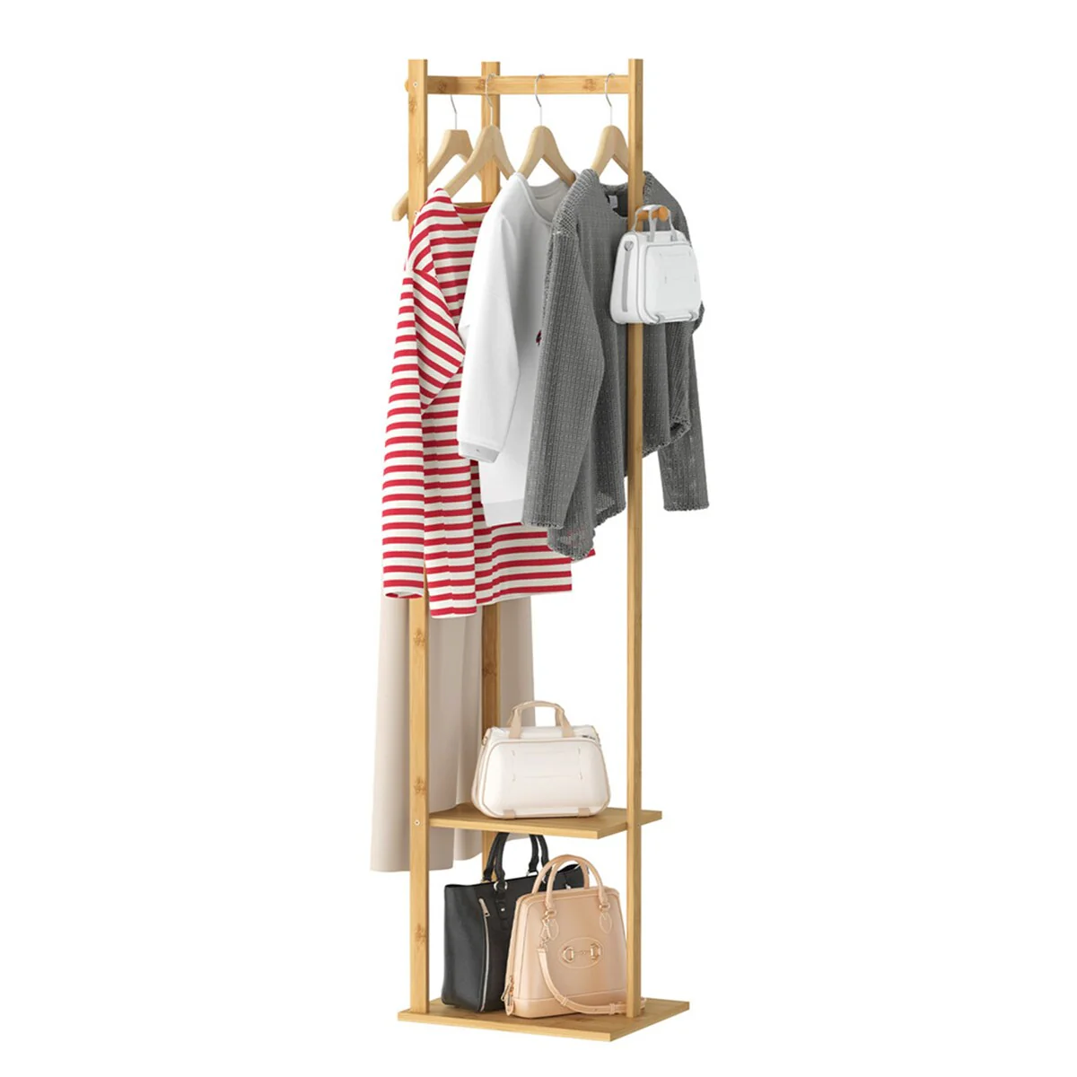 4 in 1 Bamboo Freestanding Entryway Coat Rack Stand with Storage Hooks - N/A