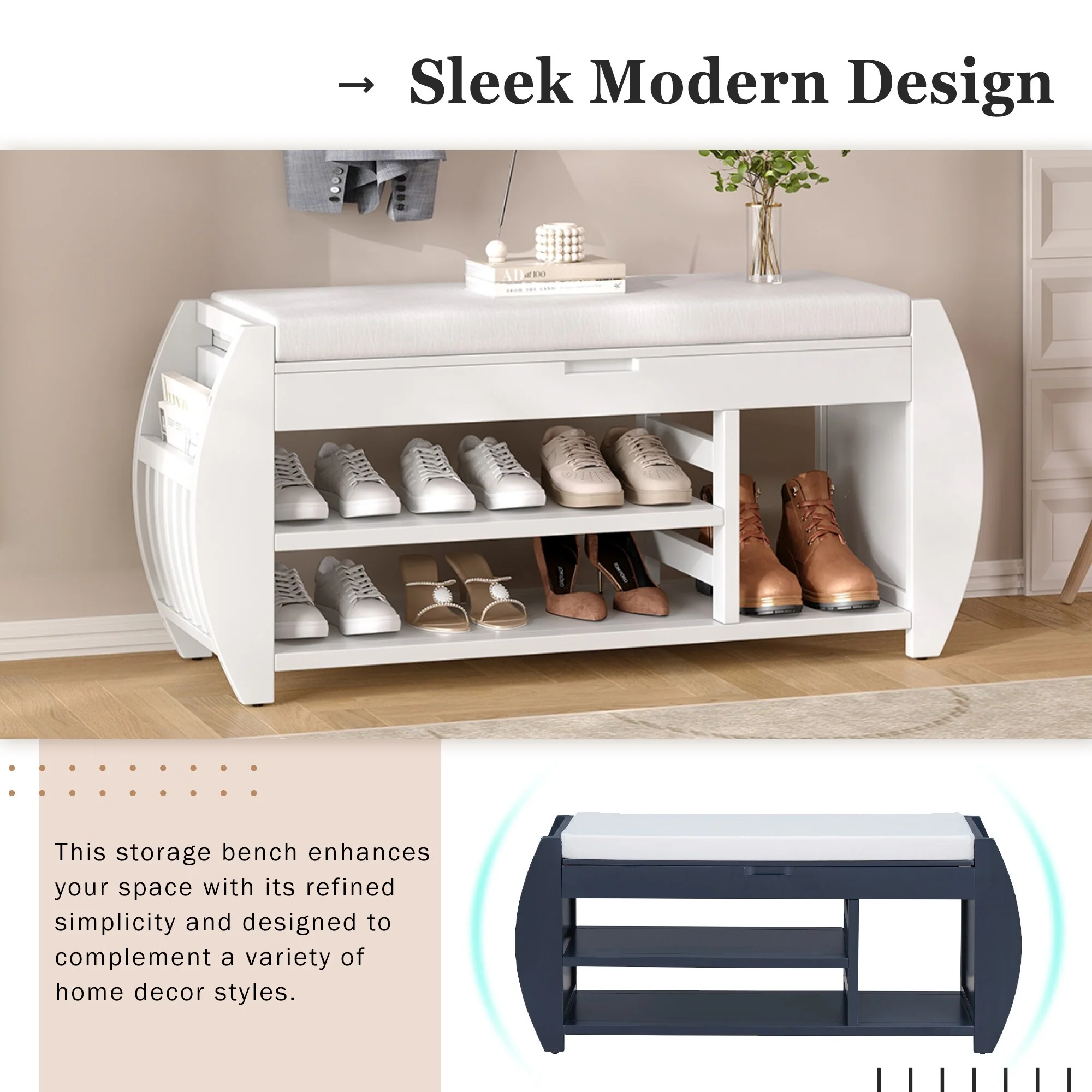 Multifunctional Storage Bench with Cushion and Curved Side Panel for Entrance and Living Room