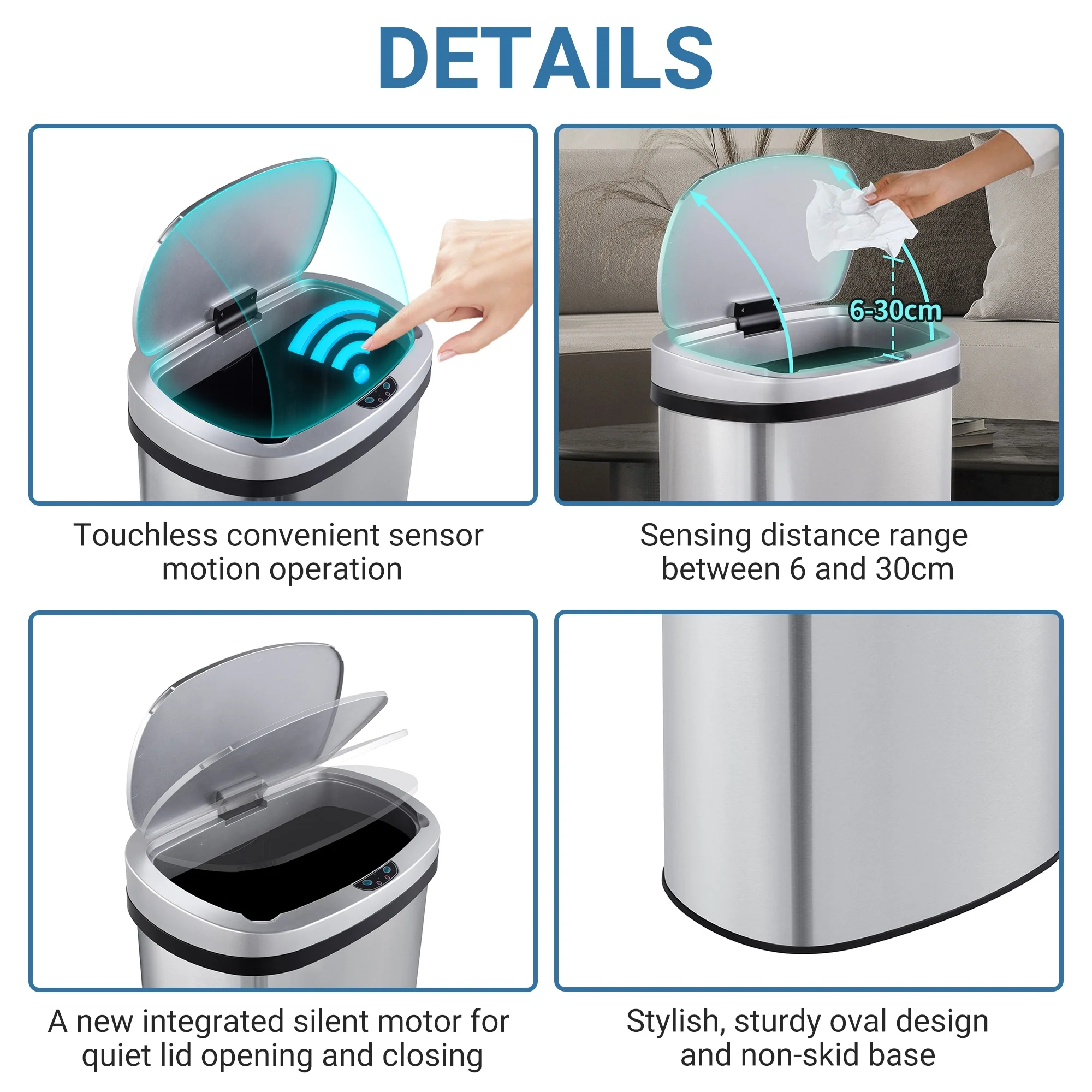 Innovaze 13 Gal./50 Liter Stainless Steel Oval Motion Sensor Trash Can for Kitchen