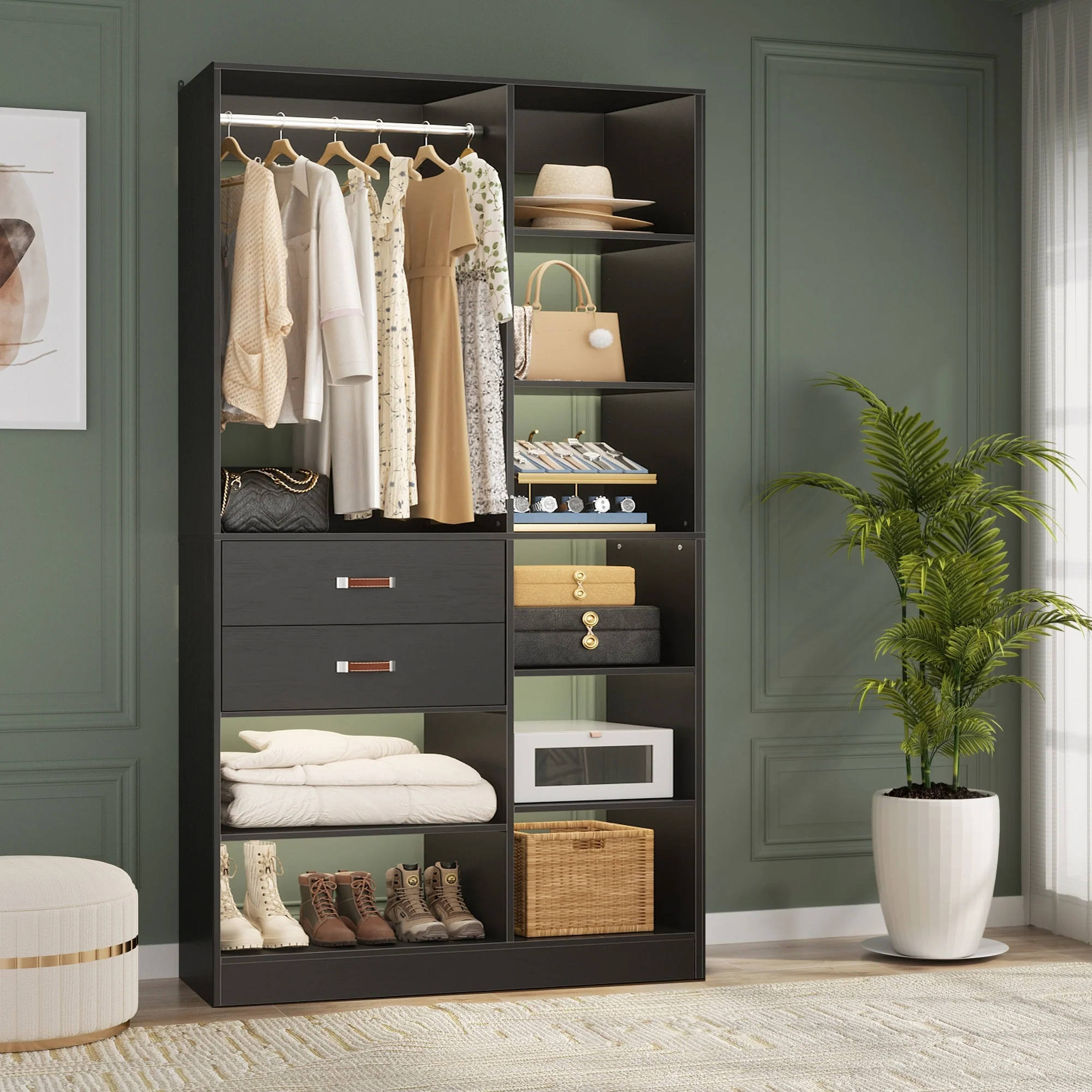 Vryon 40'' W Freestanding Closet System with 10 Storage Shelves and 2 Drawers and 1 Hanging Rods