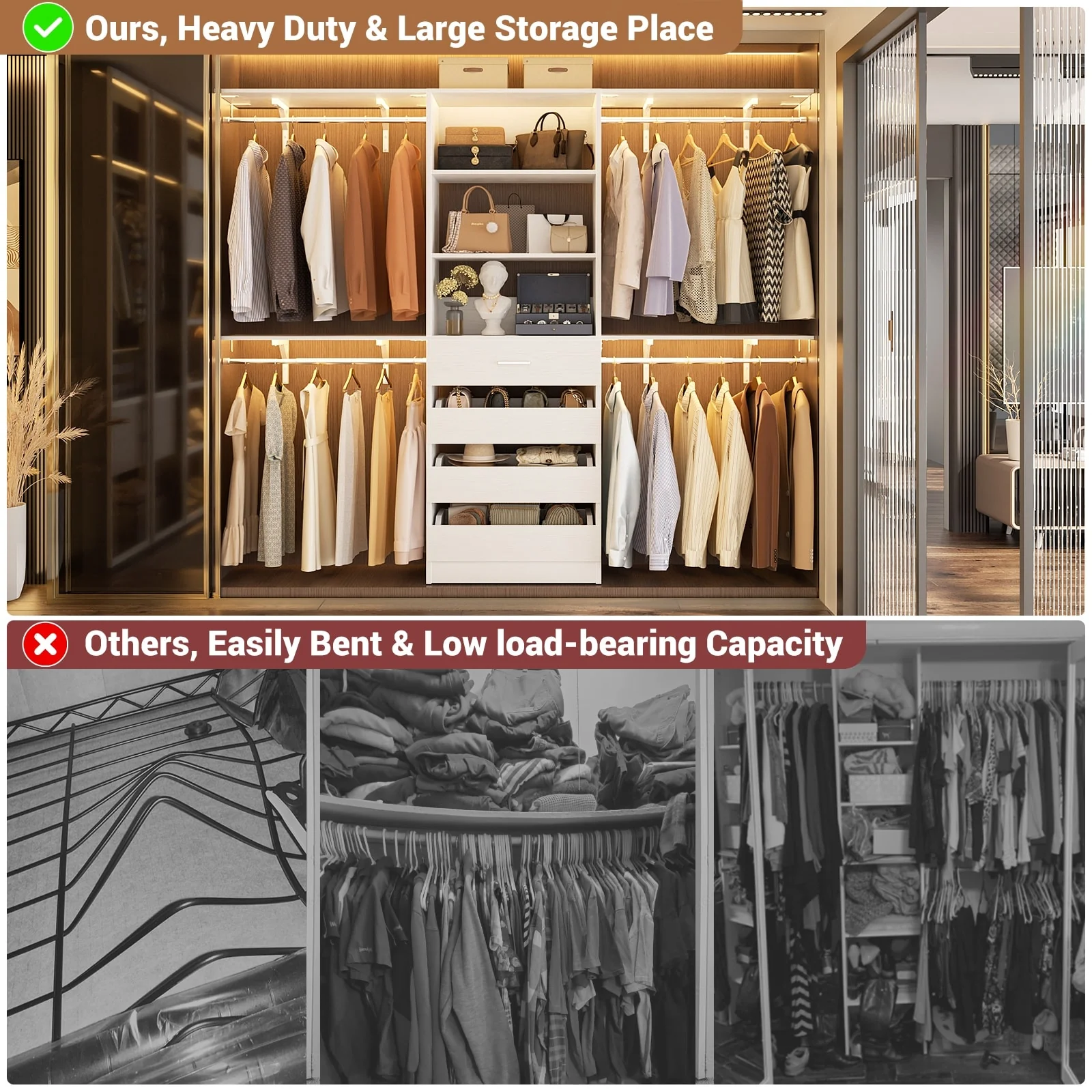 Rackcog 96'' Closet System with 4 Drawers and 4 Hanging Rods, 8FT Wood Closet Organizer for Walk-in Closet