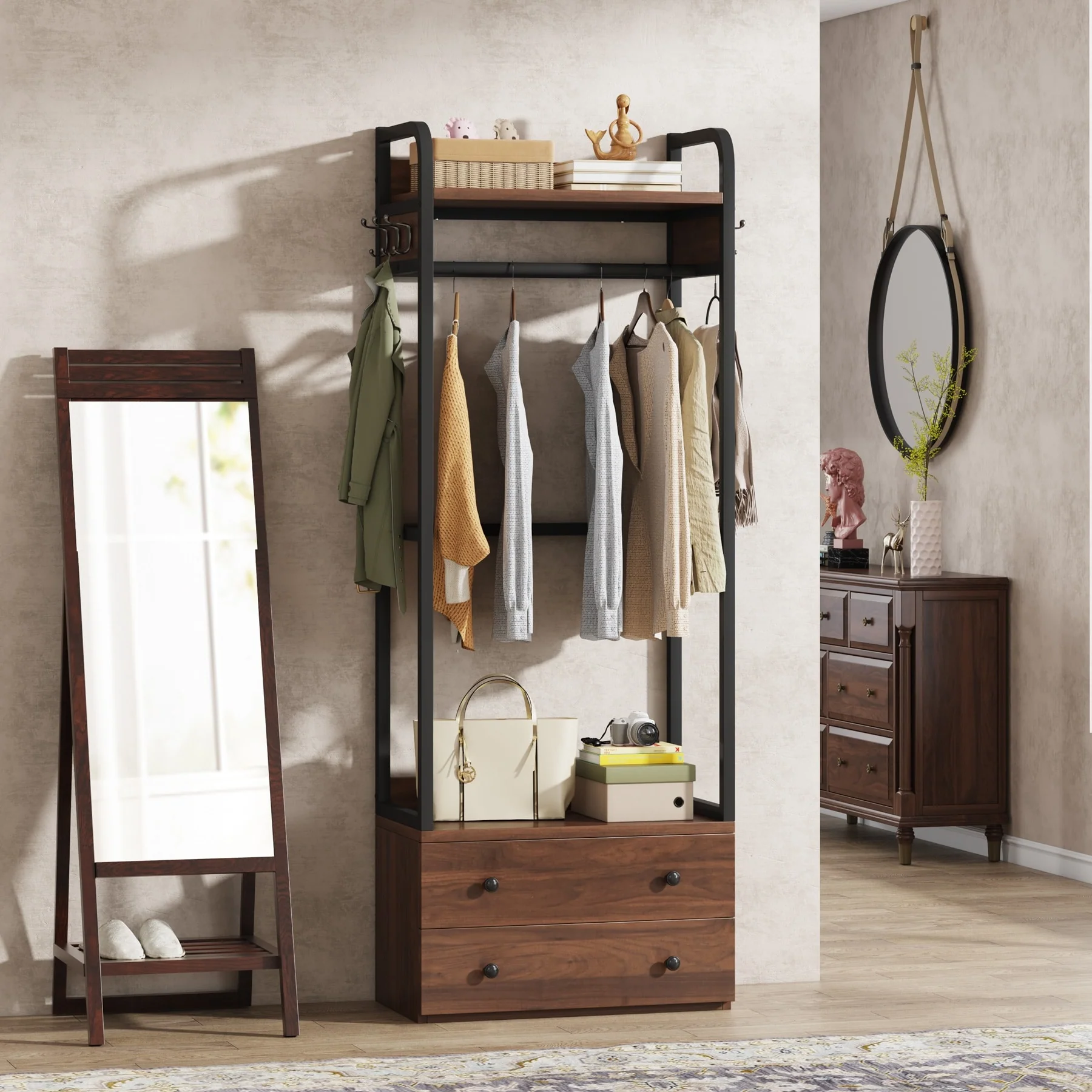 Freestanding Closet Organizer Small Clothes Rack Coat Rack with Drawers and Shelves
