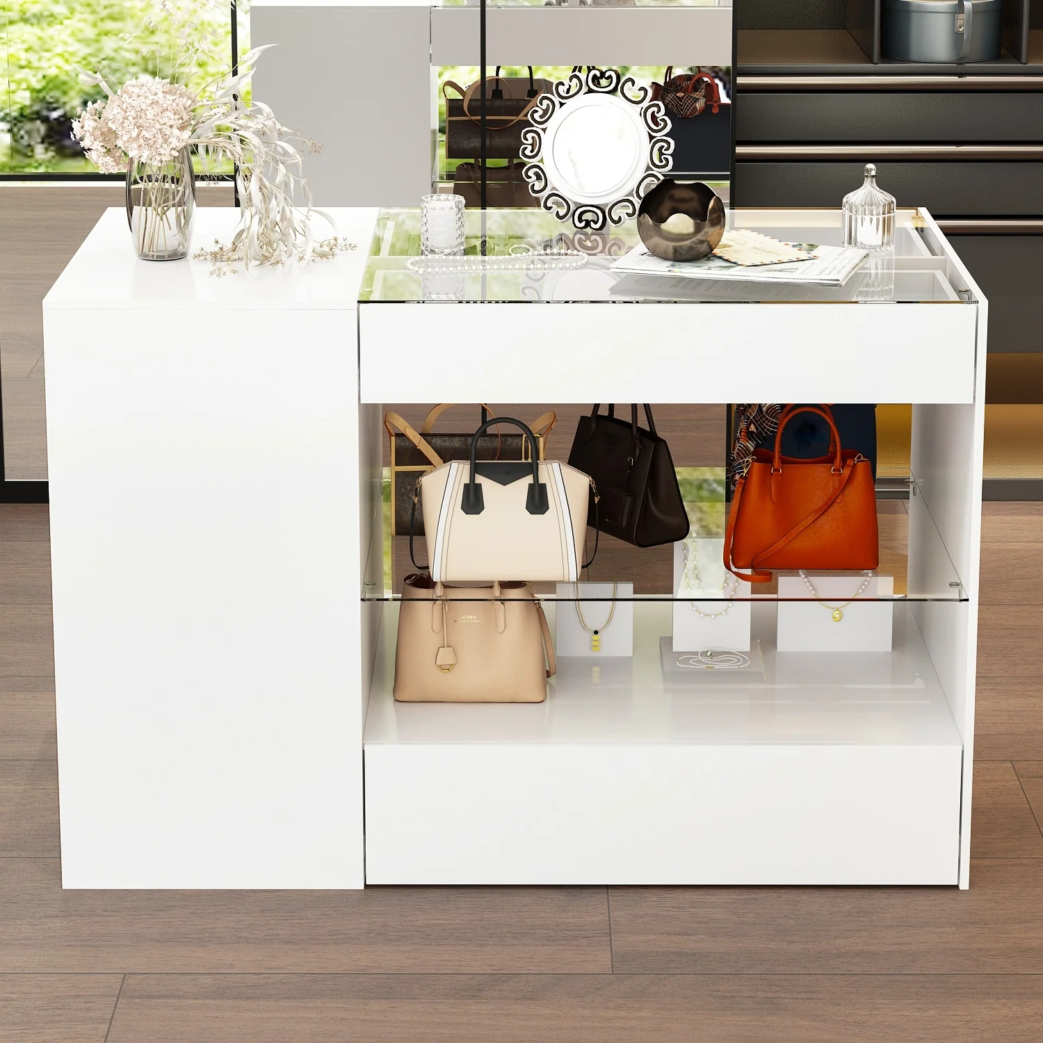 Dressing Island with Glass Shelves Spacious White Organizer Closet - 47.2