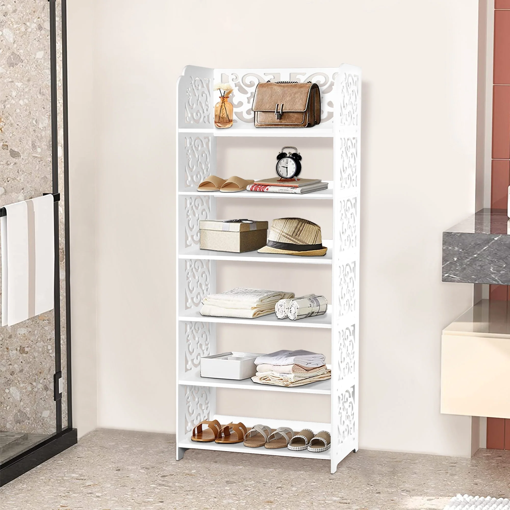 HELLO LAURA Versatile 6-Tier Wood-Plastic Shoe Rack Shoes Tower 18 Of Pairs Of Shoe White Finish