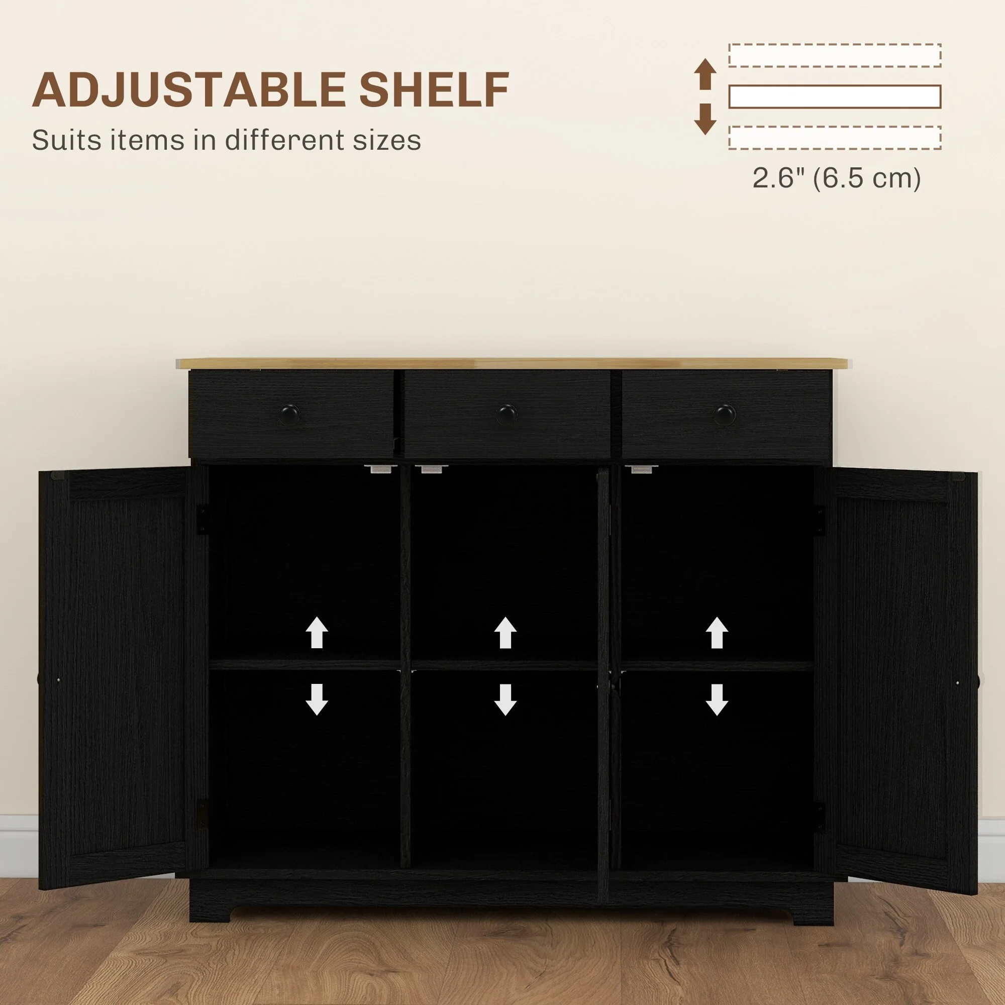 HOMCOM Sideboard with Solid Wood Countertop, Modern Kitchen Storage Cabinet, Coffee Bar Cabinet with 3 Drawers