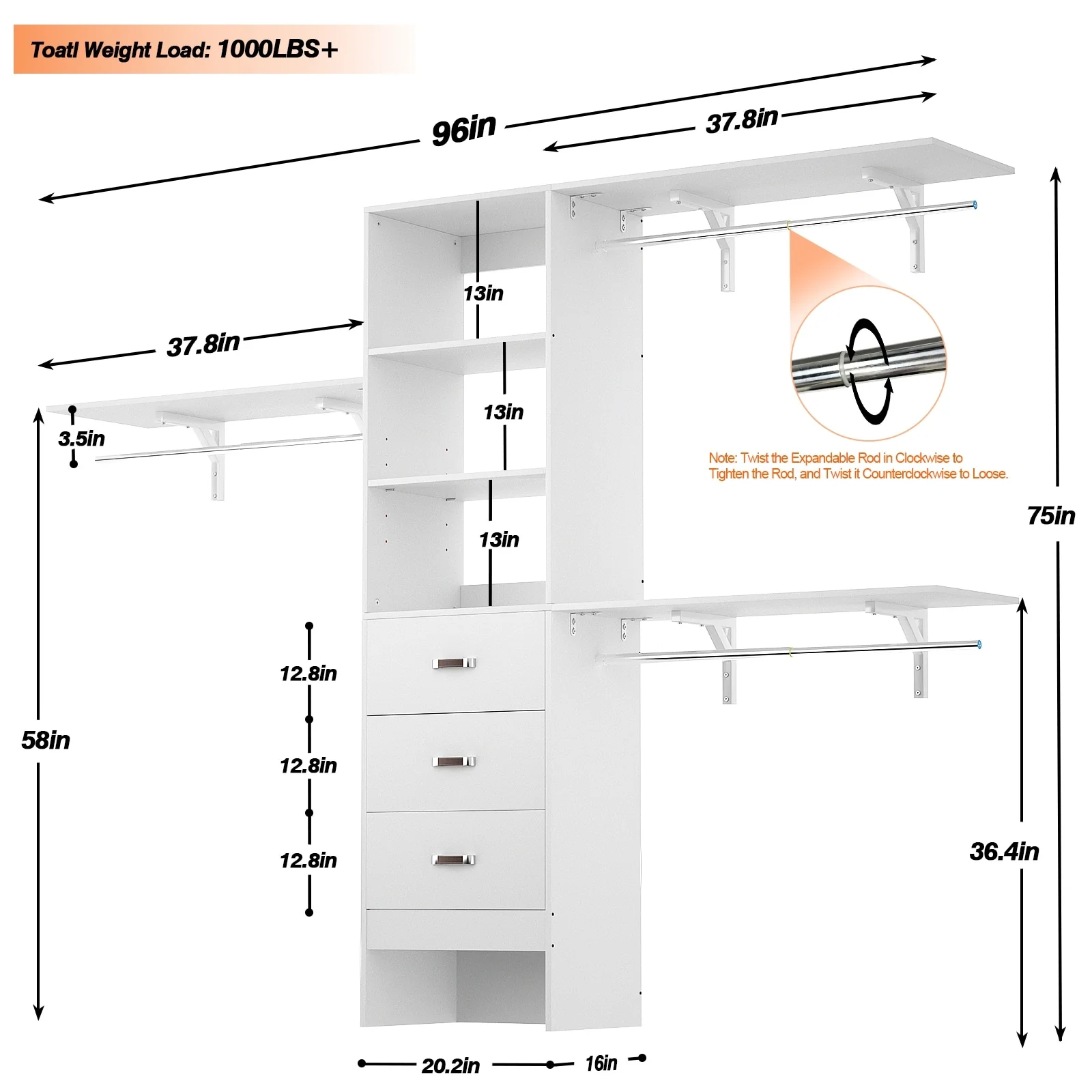 20.2'' - 96'' W Closet Organizer with Drawers, Closet System with Hanging Rods and Adjustable Shelves