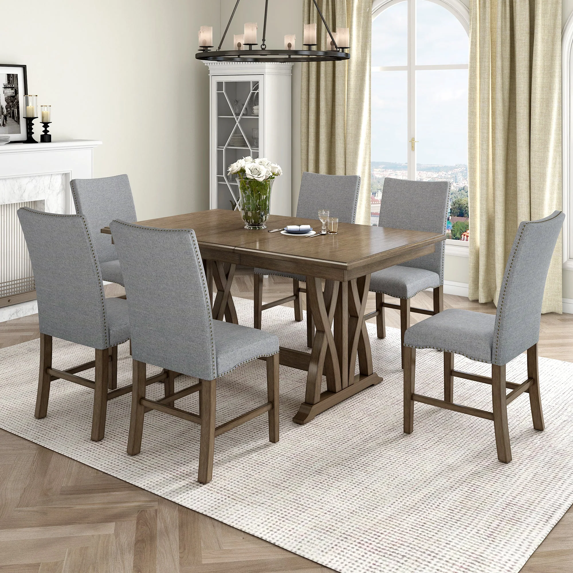 7 Piece Dining Table Set with 6 Upholstered Chairs