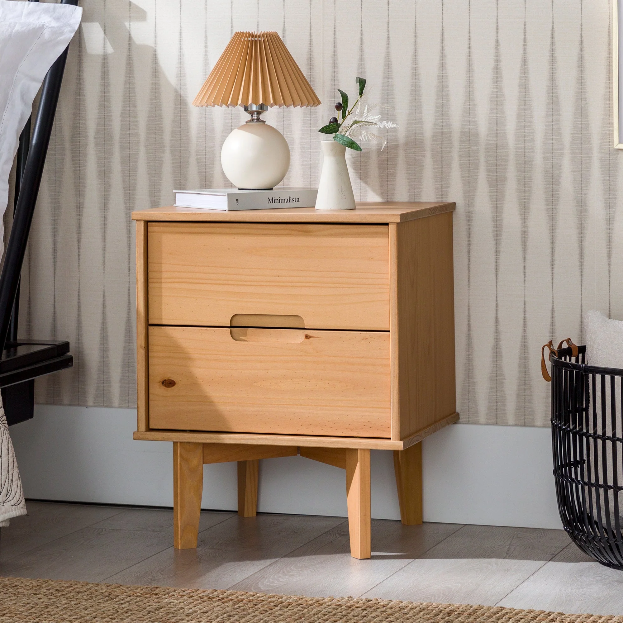 Illumined Solid Wood Nightstand with Cutout Handles and 2 Drawers