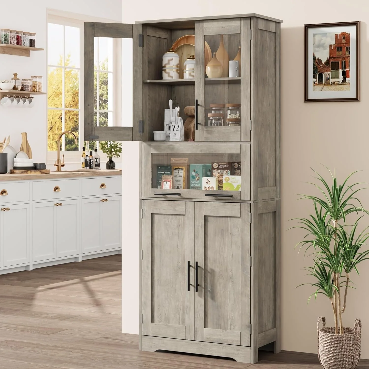 Tall Bathroom Cabinet, Linen Storage Cabinet with Doors and Adjustable Shelves and Drawer