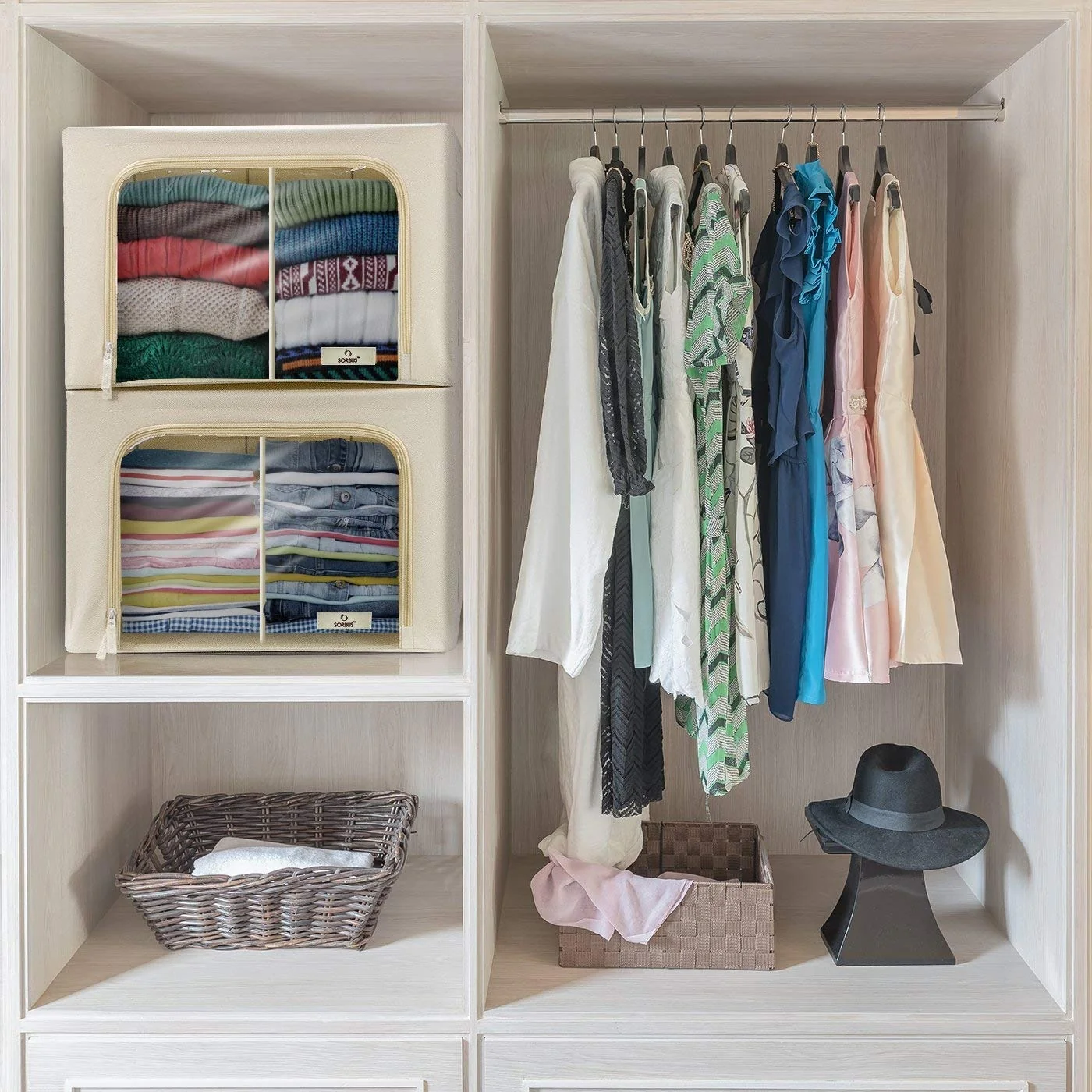 Foldable Storage Bag Breathable Bamboo Fabric Dustproof Organizer Box Charcoal - (2 Section - Beige) - N/A