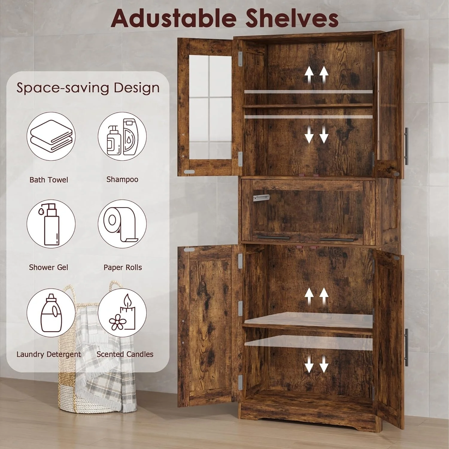 Tall Bathroom Cabinet, Linen Storage Cabinet with Doors and Adjustable Shelves and Drawer
