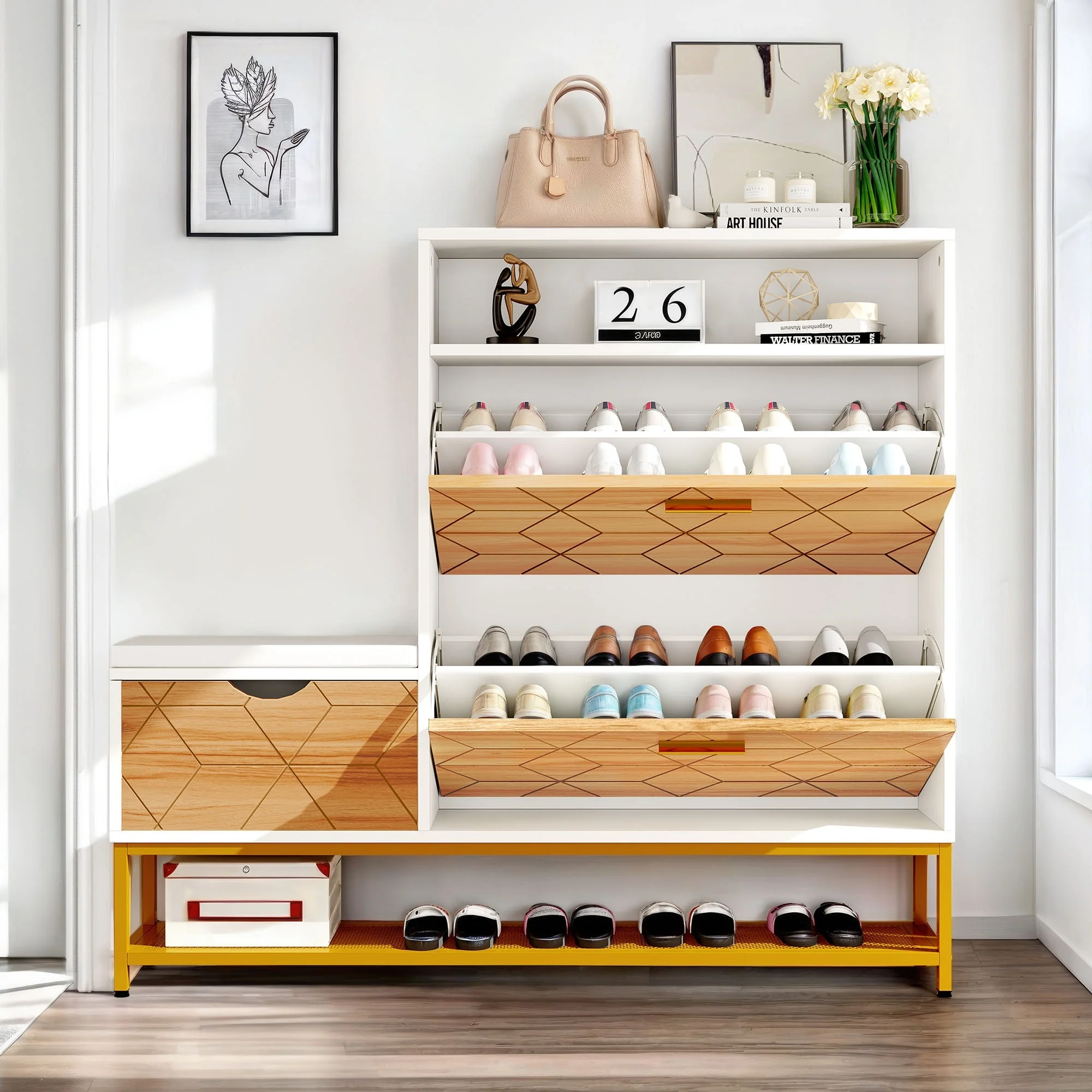 Moasis 22 Pairs Shoe Cabinet with 2 Flip Drawers, Narrow Shoes Rack with Storage Bench