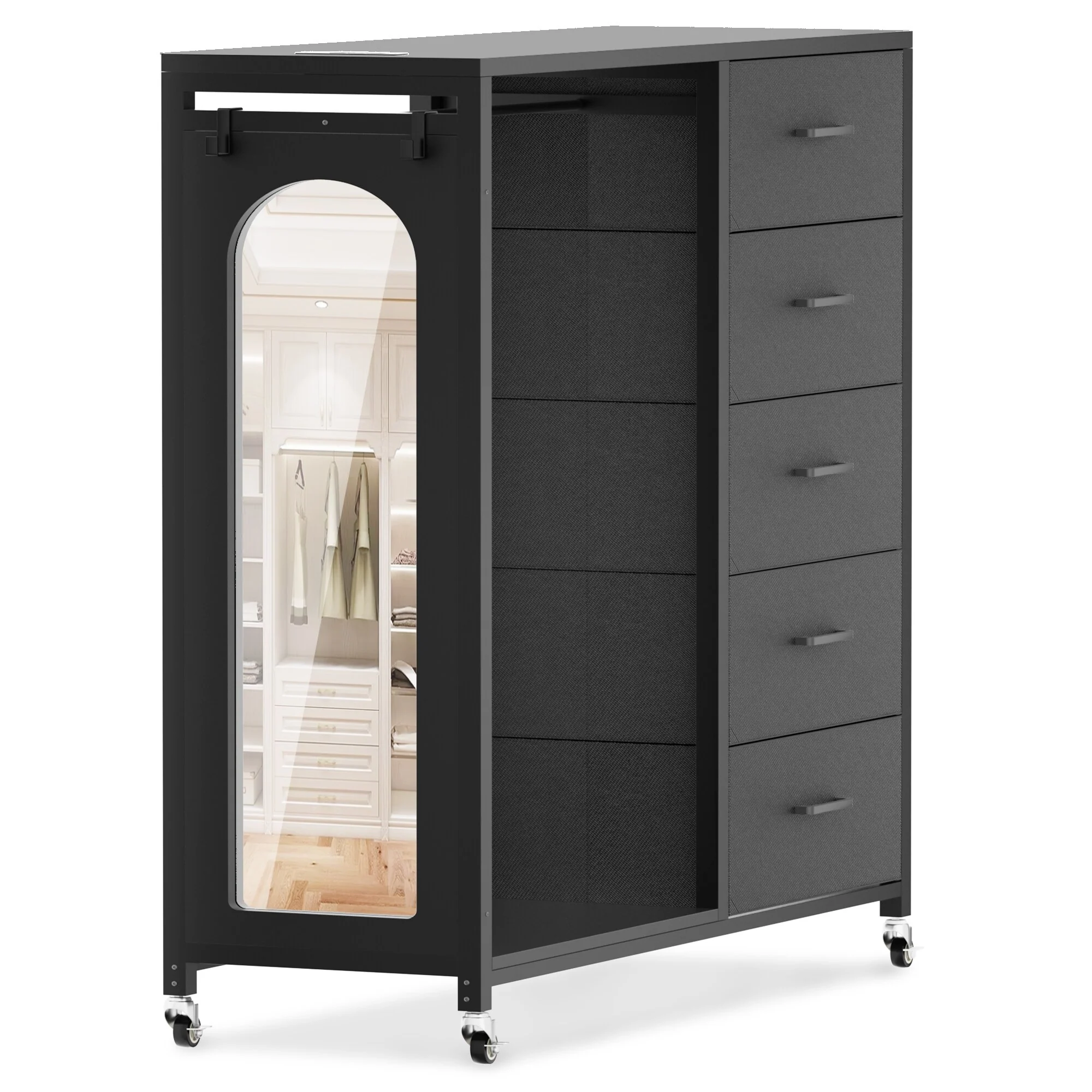 Kid's Closet Organizer with Fabric Drawers and Mirror, Rolling Dresser and Chest with Charge Station