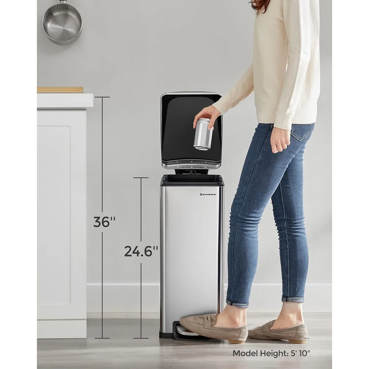 SONGMICS 12.7 Gallon Garbage Can for Narrow Spaces, Silver