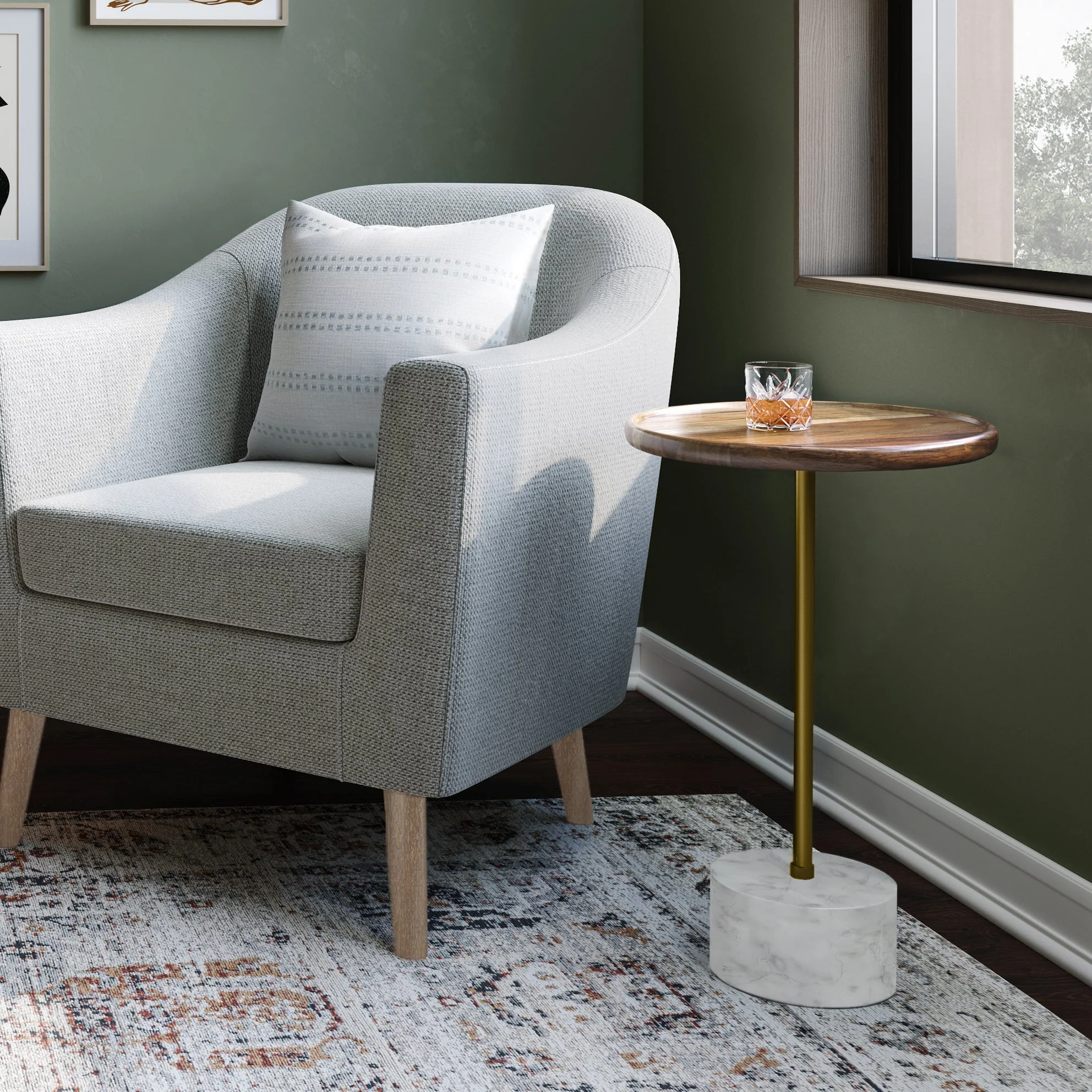 Side Table with Acacia Wood Top and Marble Base