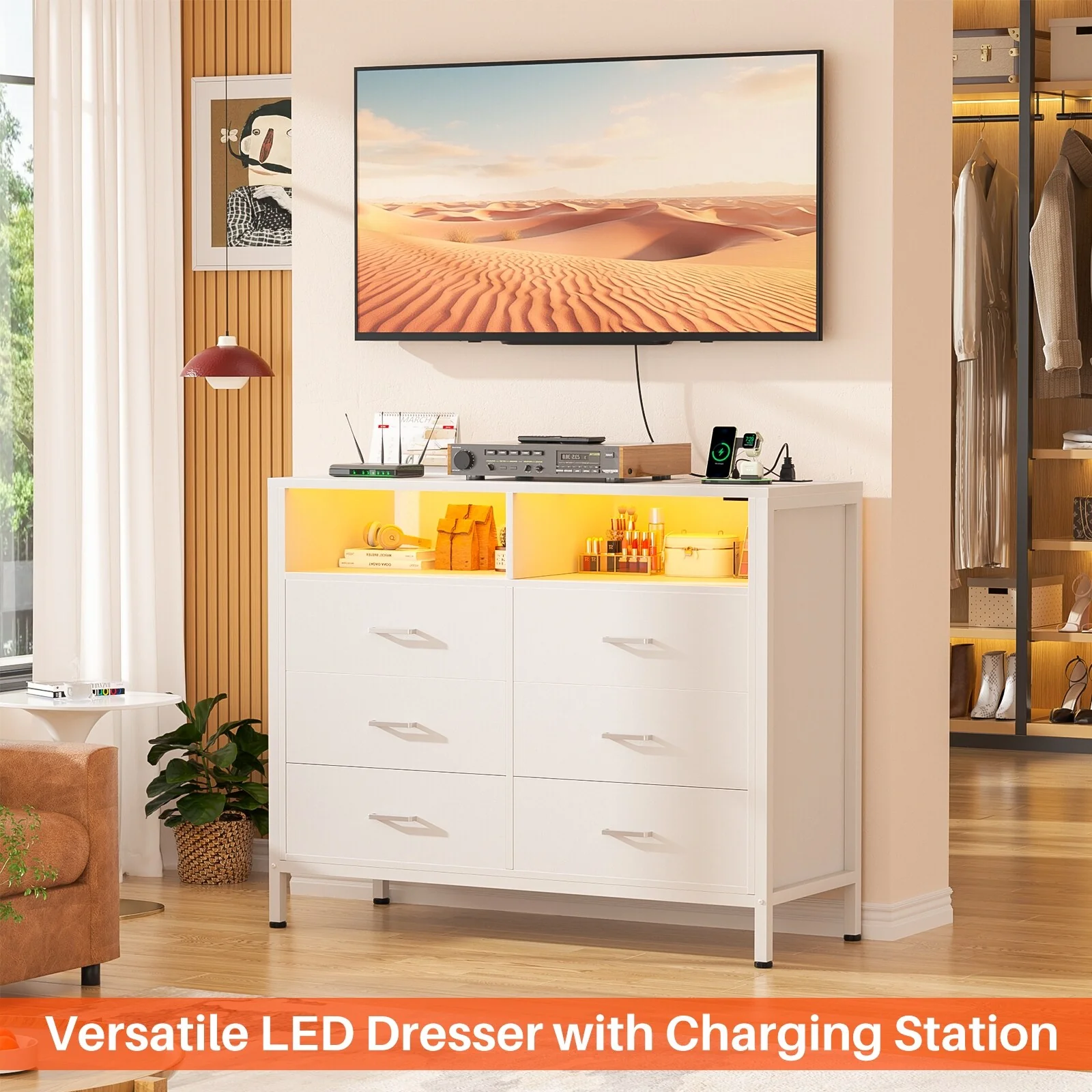 Chest of Drawers with LED Lights and Outlets,Wood Drawer Dresser for Clothes Storage