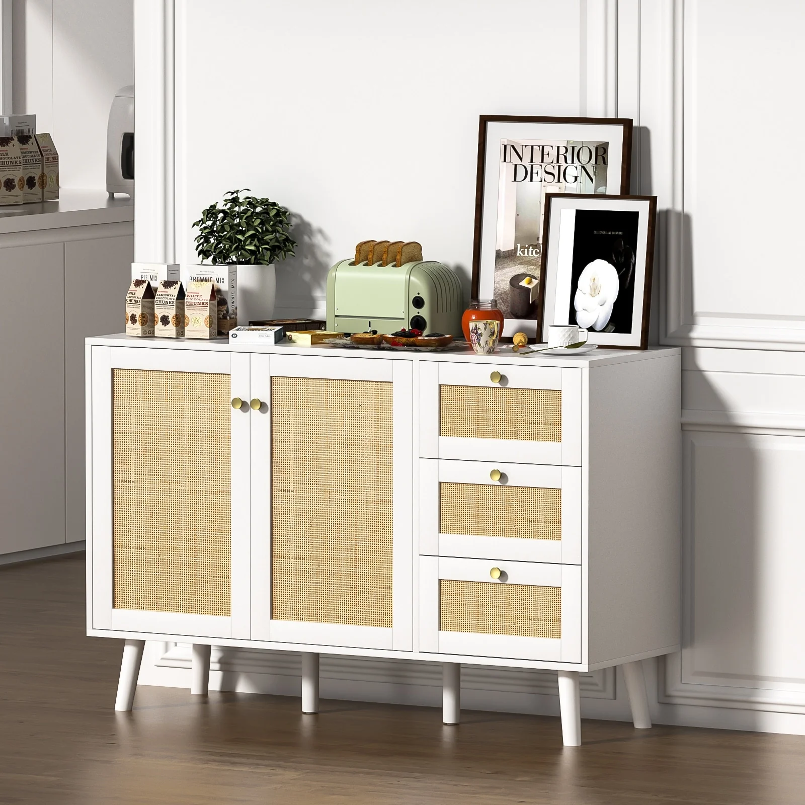 Anmytek Mid-Century Modern 2-Door Wood Rattan Buffet Sideboard Kitchen Storage Cabinet with 3 Drawers