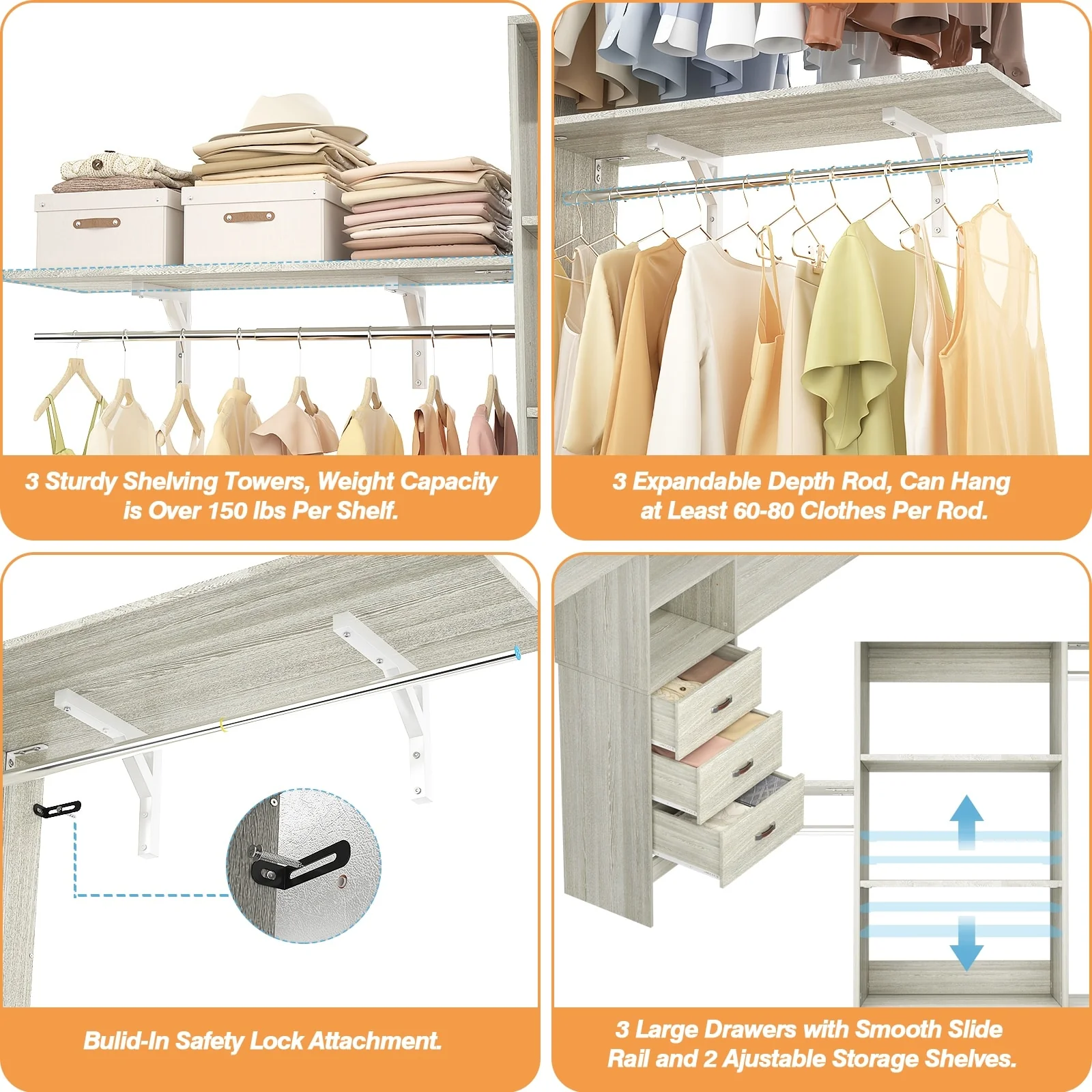 Rackcog 120'' Closet Organizer with Drawers, Closet System with DIY Shelves for Reach-in and Walk-in Closet