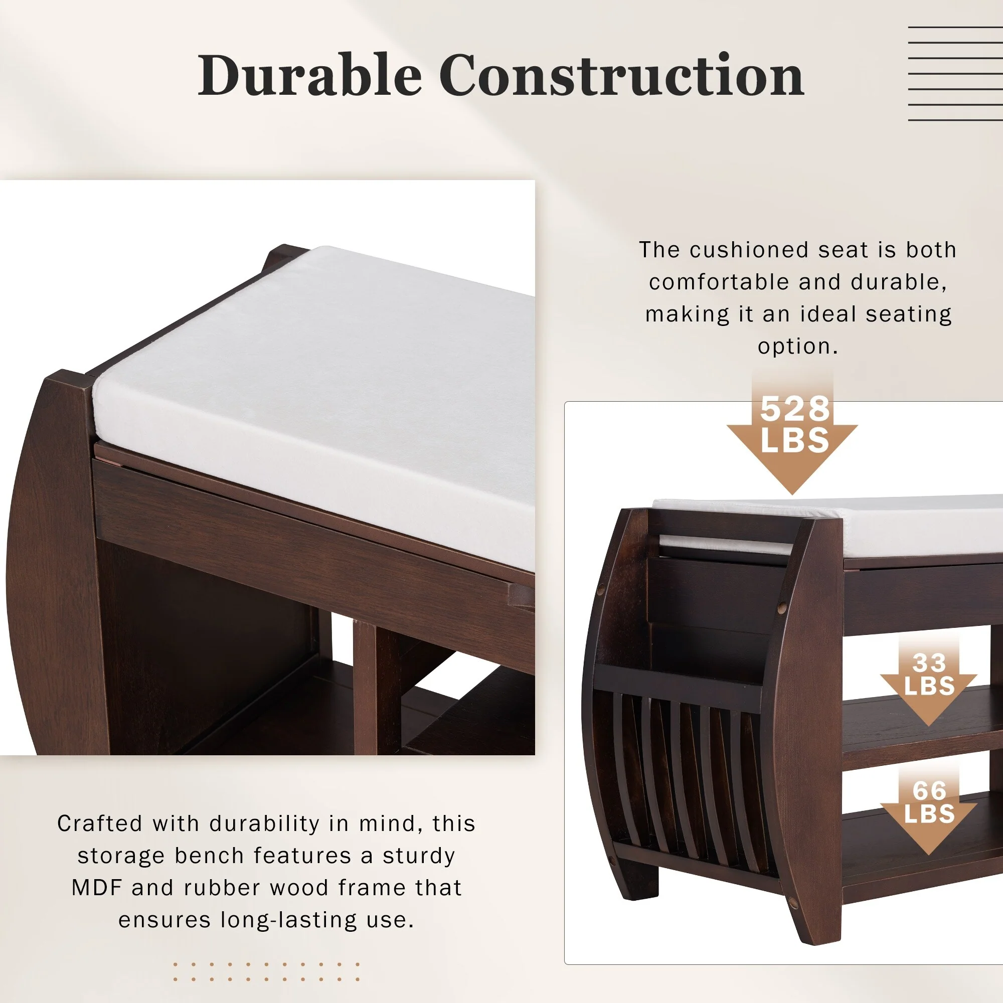 Multifunctional Storage Bench with Cushion and Curved Side Panel for Entrance and Living Room