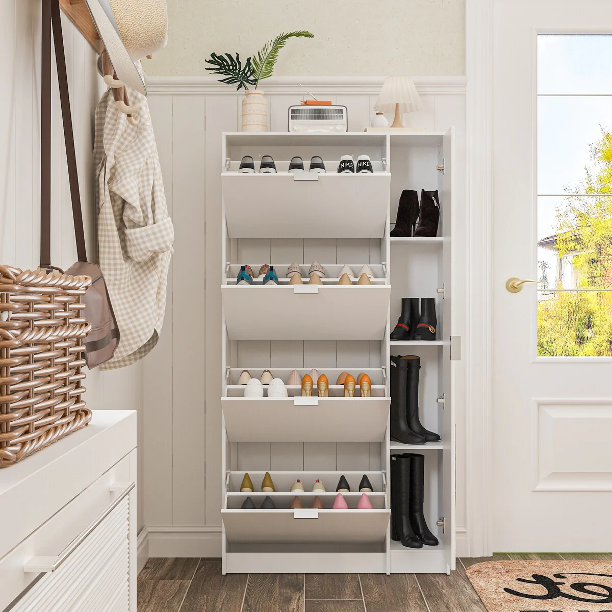 Shoe Organizer w/Mirror Elegant Space Enhancer Entryways Shoe Cabinet