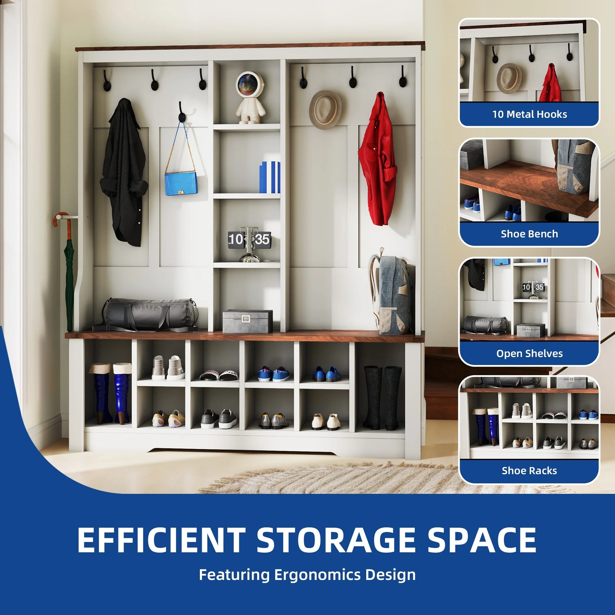 Moasis Farmhouse Hall Tree with Bench and Shoe Storage with 10 Hooks for Entryway