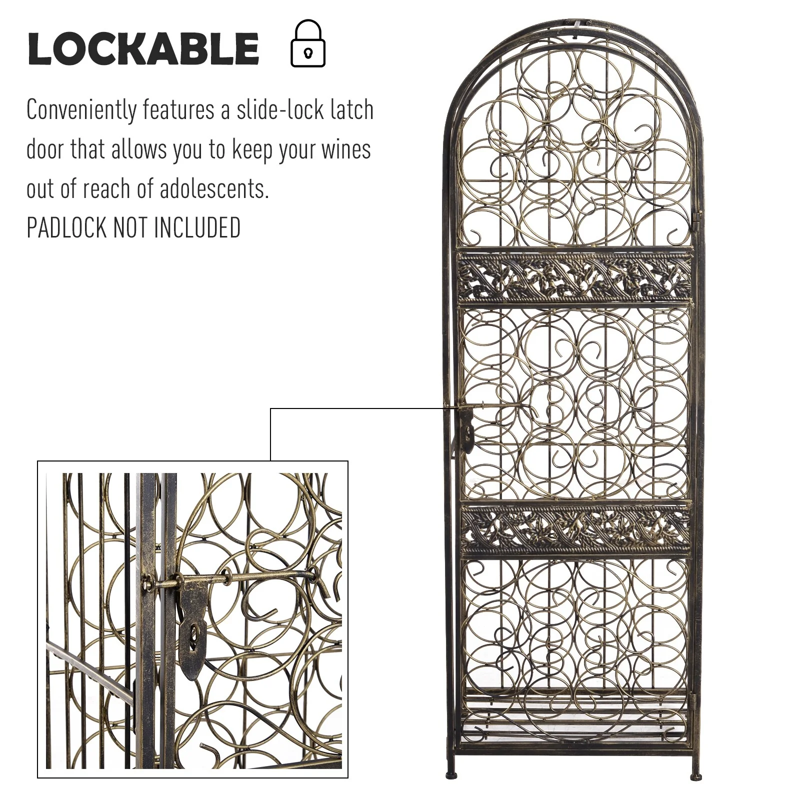 HOMCOM 45 Bottle Wrought Iron Wine Rack Jail with Lock - Antique Bronze - 17.5*14.25*52