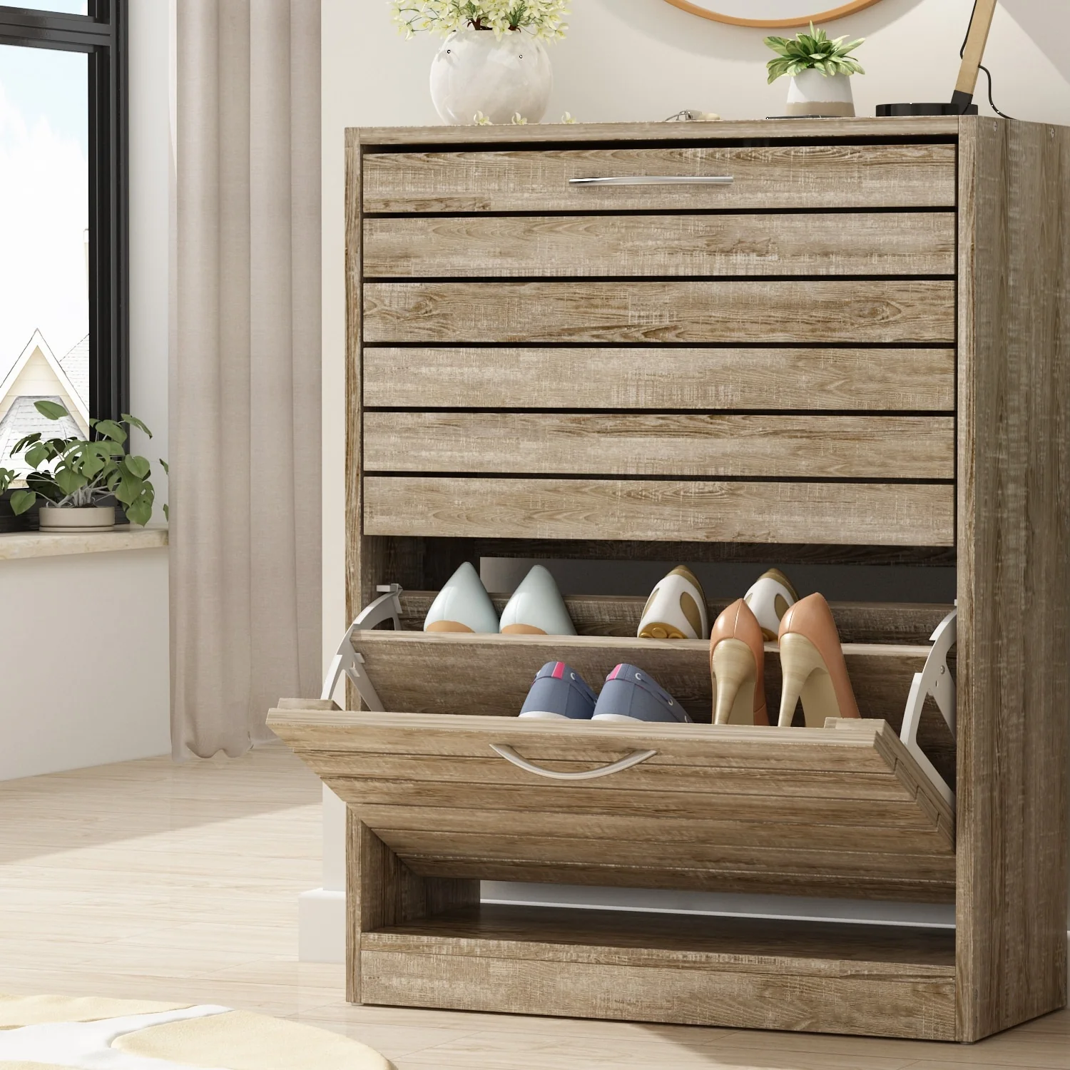 Shoe Storage Cabinet Two Drawer Space Saving Grey/Oak/White Dresser