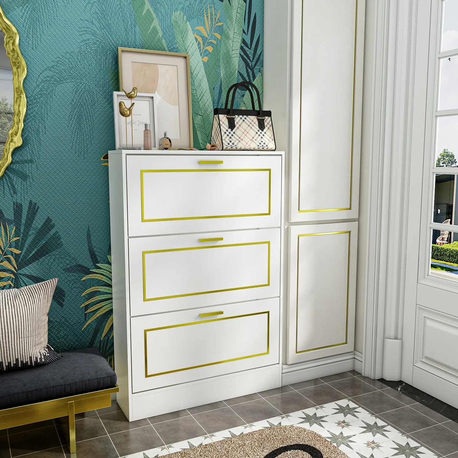 Fold-Out Shoes Cabinet Storage Cabinet Dresser Chest(Black/White)