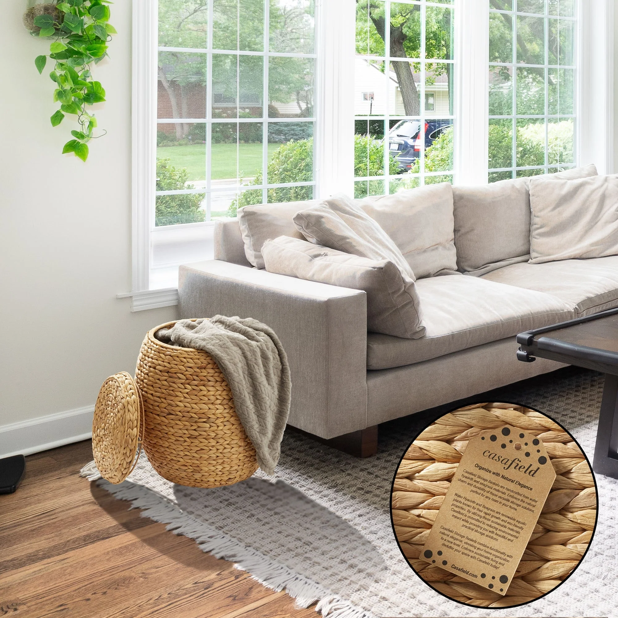 Round Water Hyacinth Storage BasketHamper with Lid