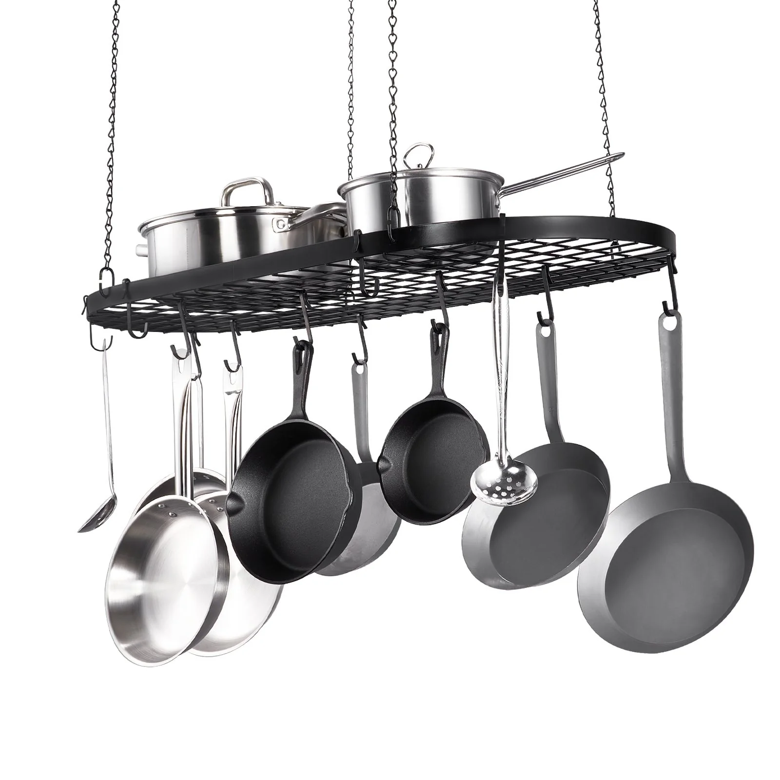 Black Carbon Steel Ceiling Mounted Hanging Pot Rack with S Shaped Hooks Ideal for Home or Restaurant