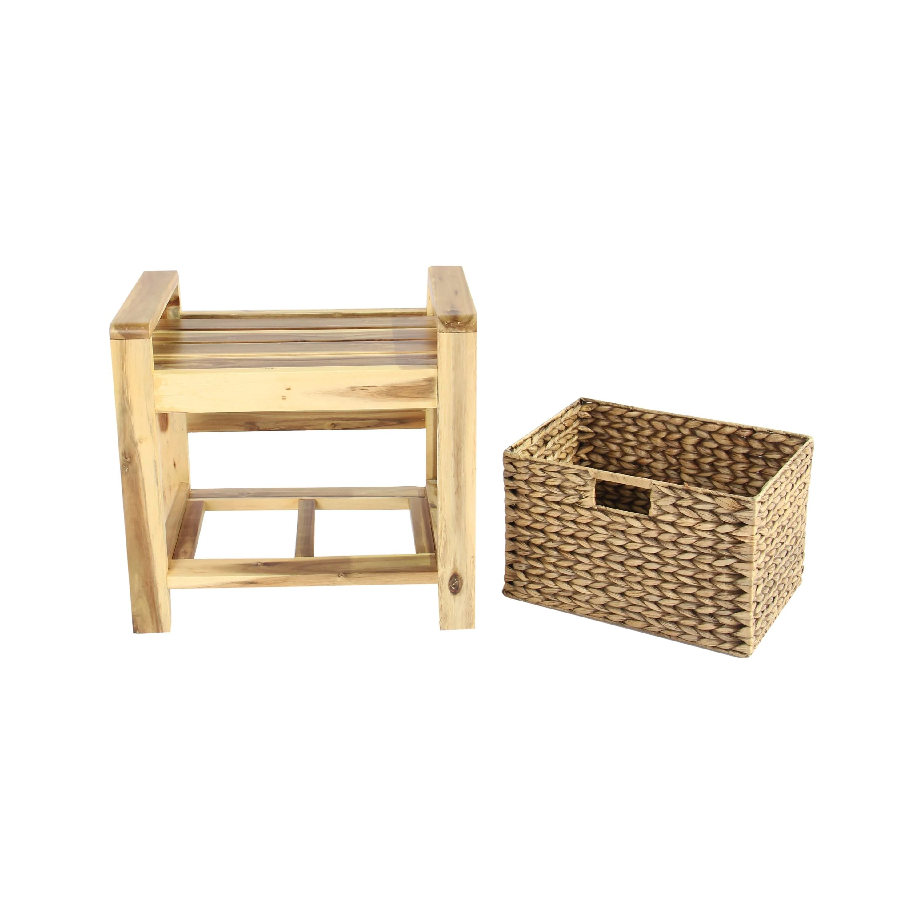 M4H Brae Solid Wood Natural Water Hyacinth Basket Storage Ottoman