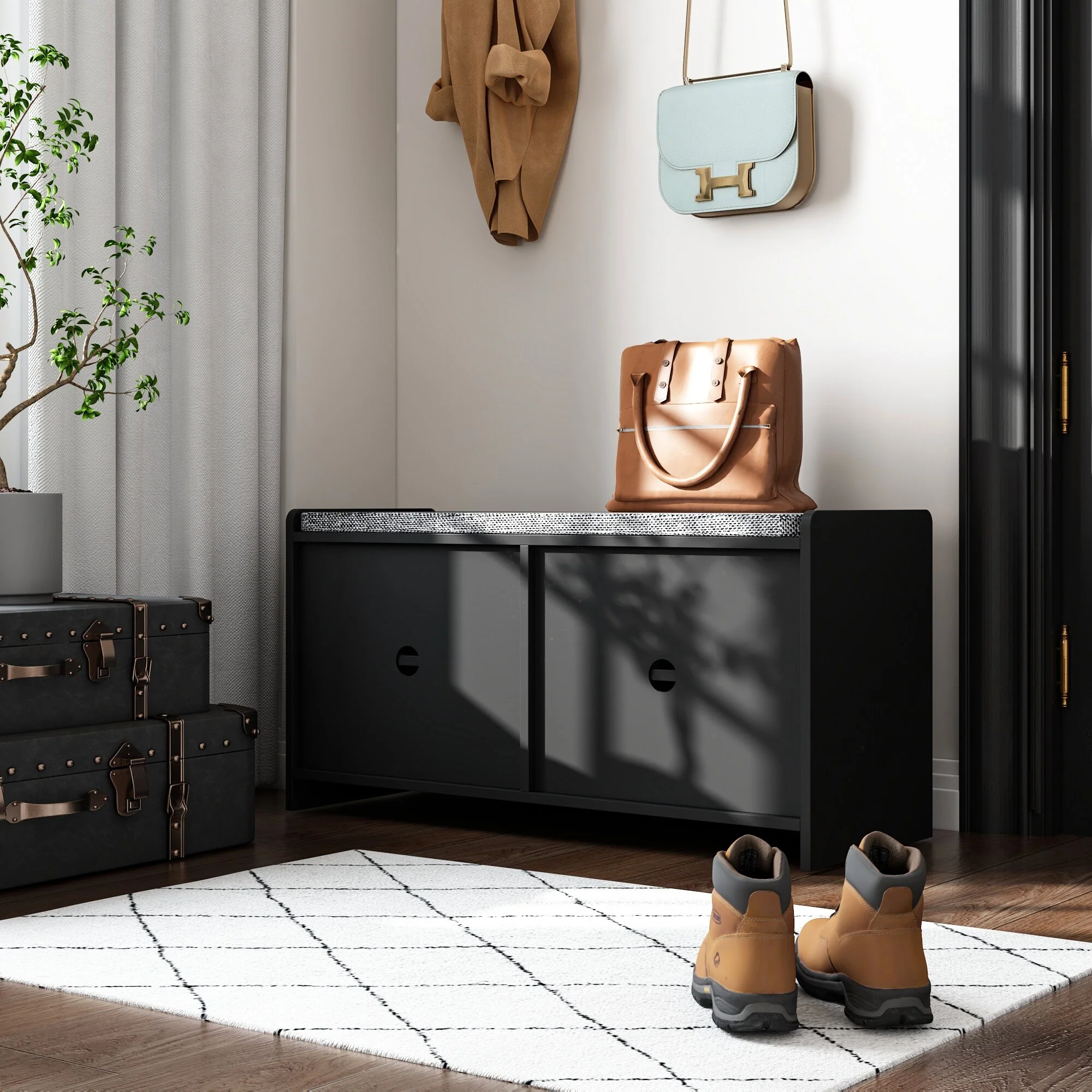 Hallway Shoes Storage Cabinet Bench with 2-Door & Padded Seat Cushion