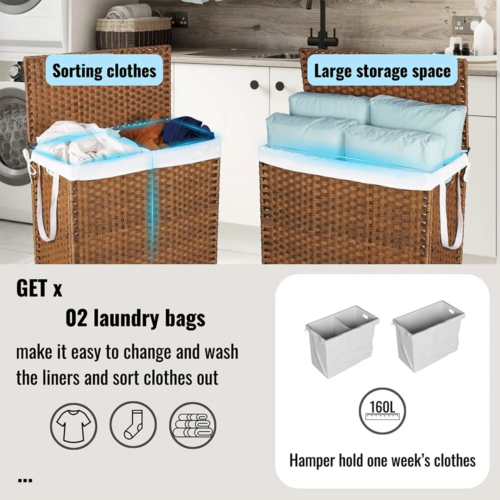 Laundry Hamper with Wheels, 160L Rattan Hampers & 2 Removable Liner Bags, Laundry Basket with Lid - 27