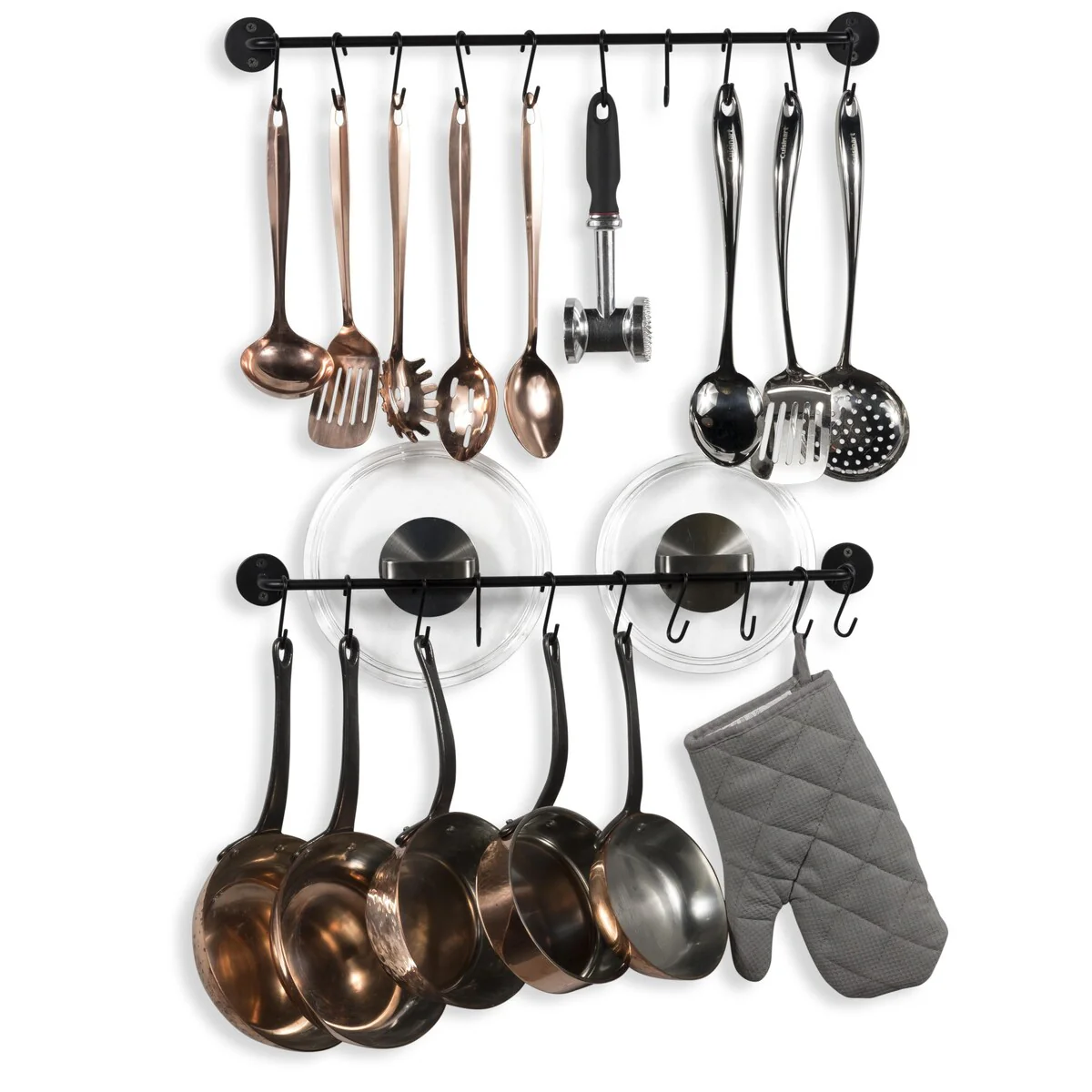 Wallniture Cucina Kitchen Utensil Holder with 20 S Hooks, Pot Racks, Black (Set of 2)
