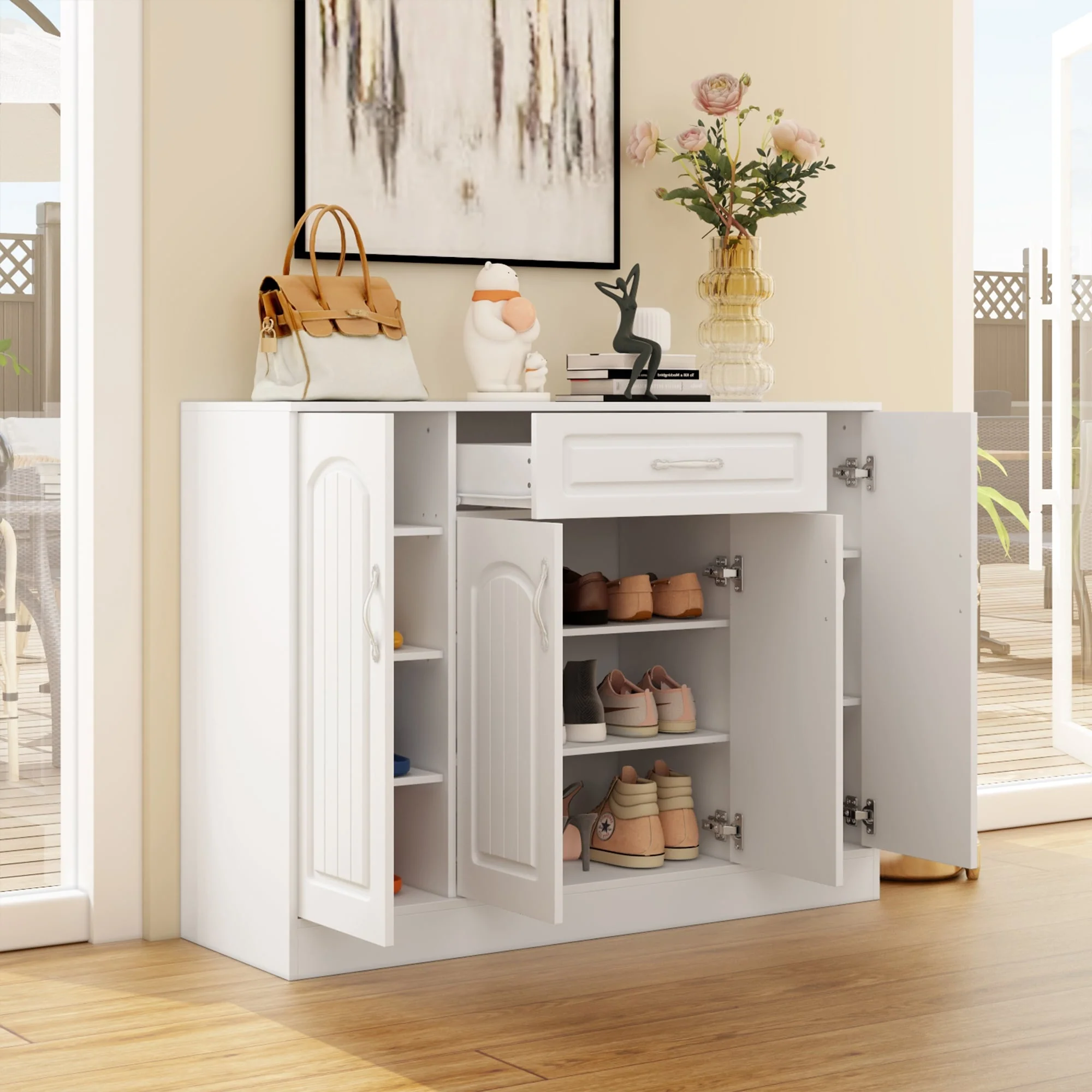Multi-Functional White Shoe Cabinet with Adjustable Shelves Entryway