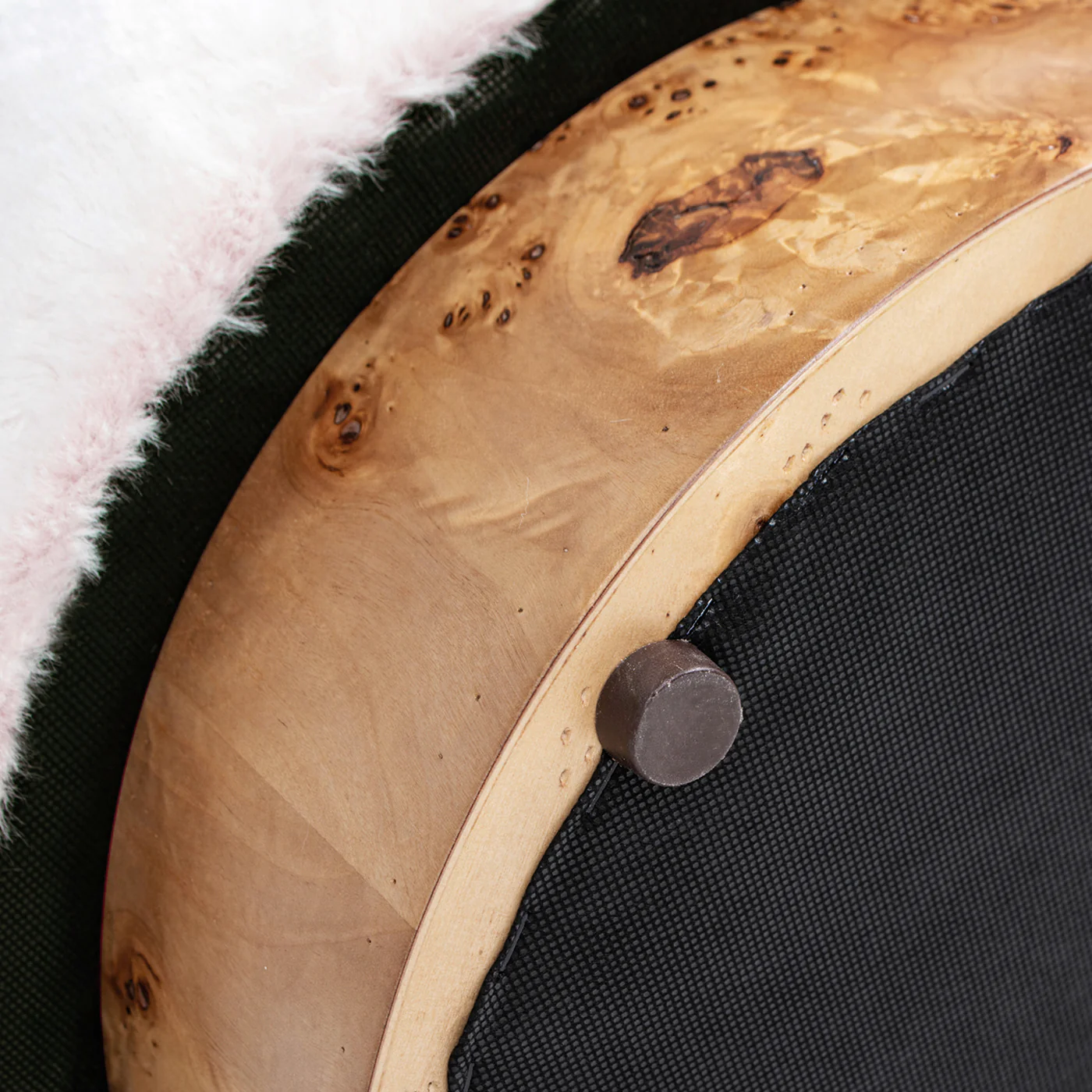 Upholstered Round Ottoman with Burl Wood Veneer Base