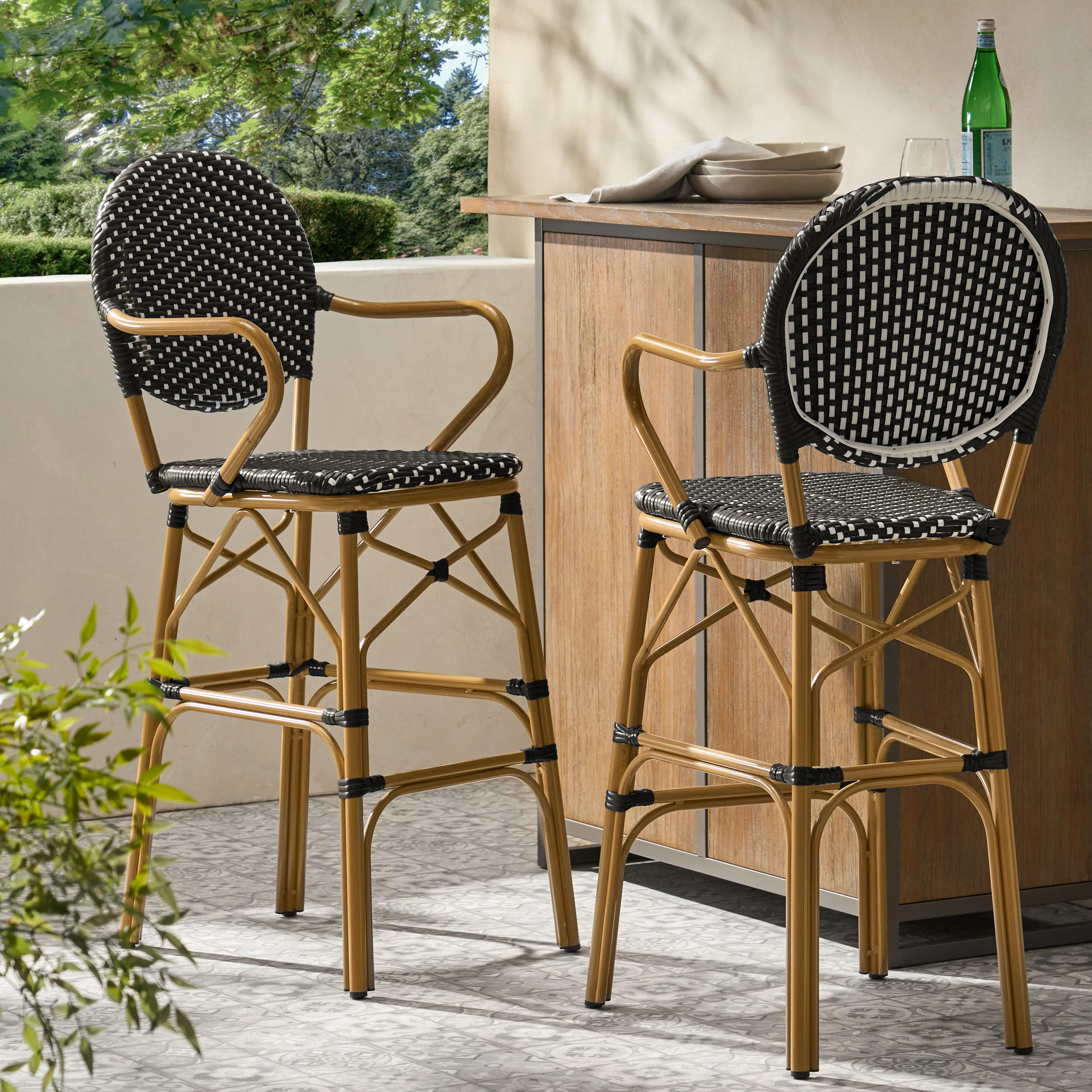 Valorous Outdoor Wicker Bar Stool with Round Back and Curved Arms, Set of 2