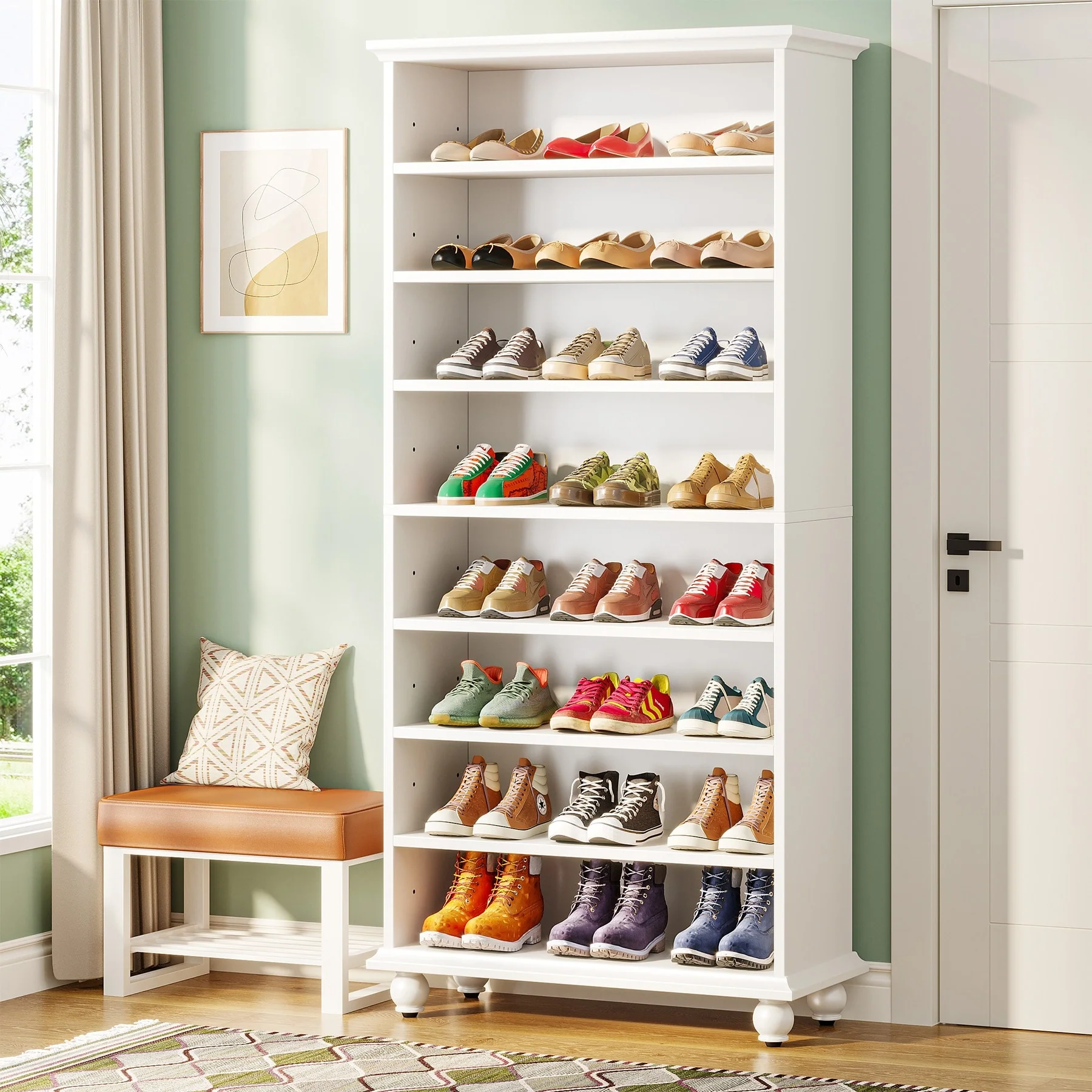 Narrow Tall Shoe Storage Cabinet with LED Lighting for Entryway - 9-Tier