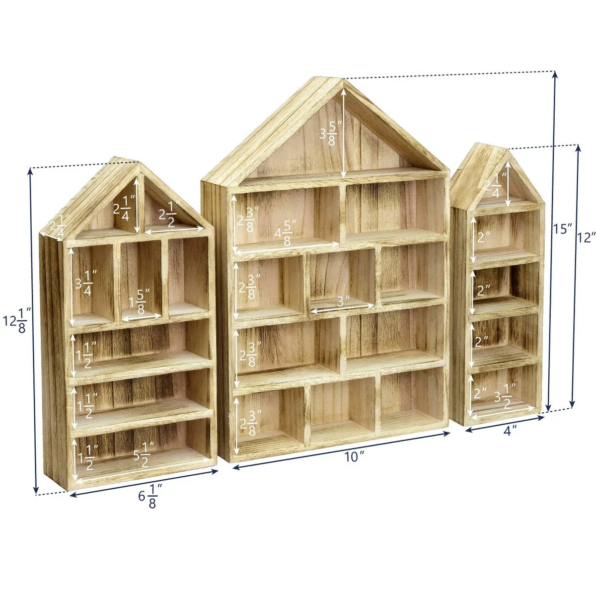 House-Shaped Wooden Shadow Cubby Display Shelf, Set of 3