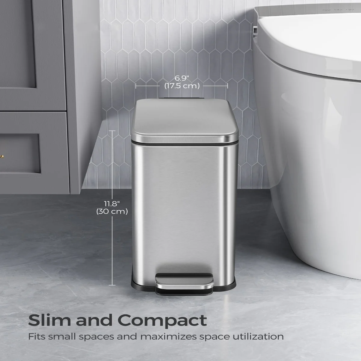 Stainless Steel Slim Bathroom Trash Can with Soft-Close Lid and Plastic Removable Inner Bucket