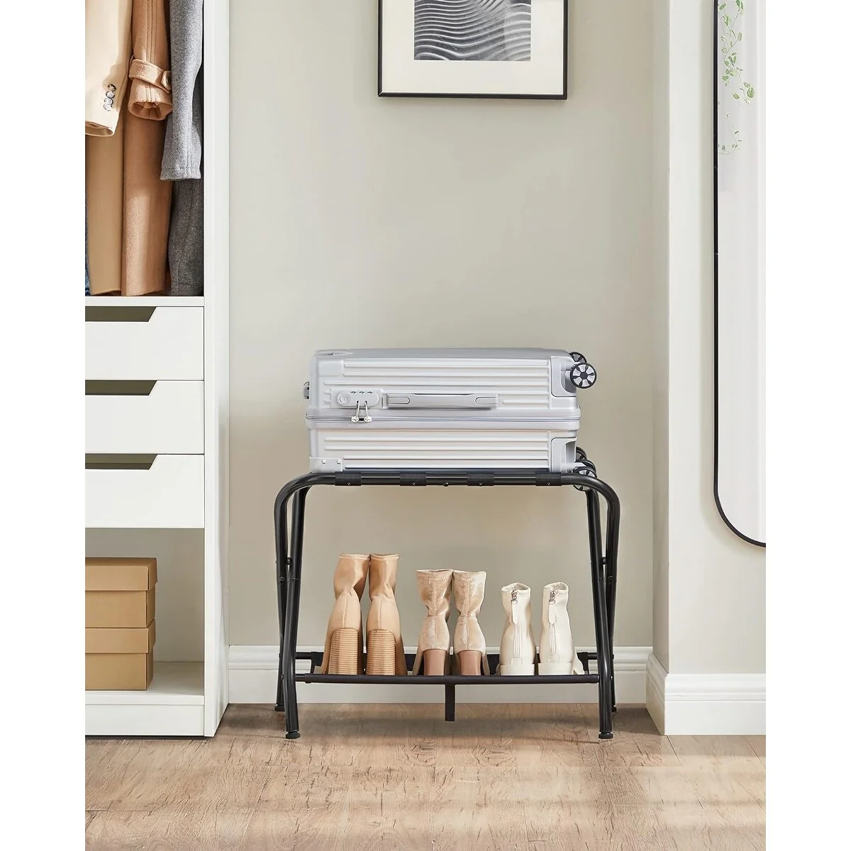 SONGMICS Luggage Rack Suitcase Stand with Fabric Storage Shelf for Guest Room Bedroom Hotel Foldable Black