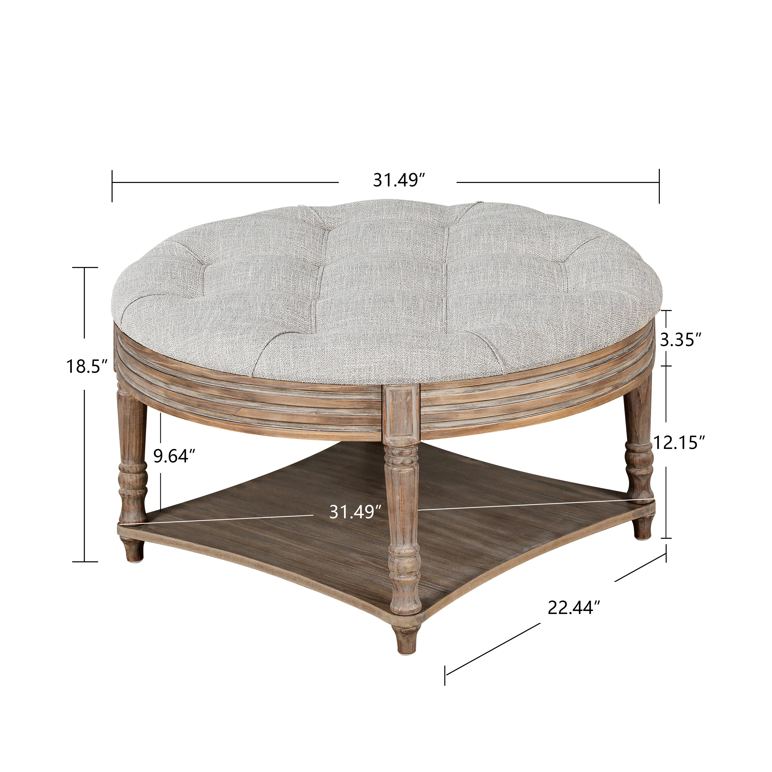 Captains Large Round Upholstered Ottoman with Bottom Shelf